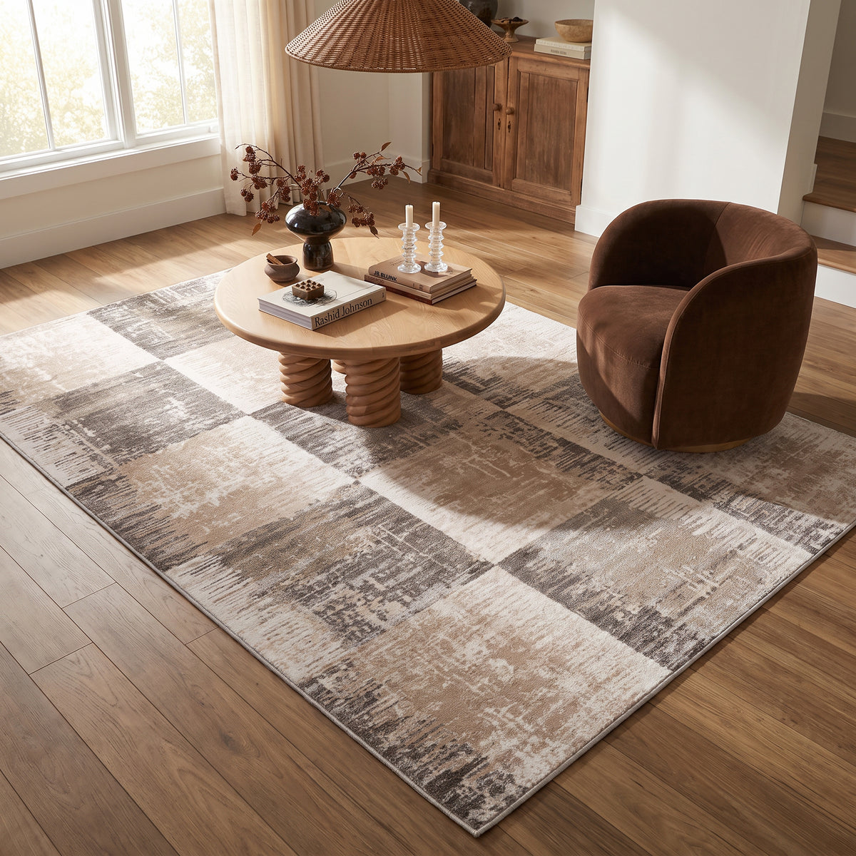 Tapis Lysa abstrait patchwork contemporain marron et beige