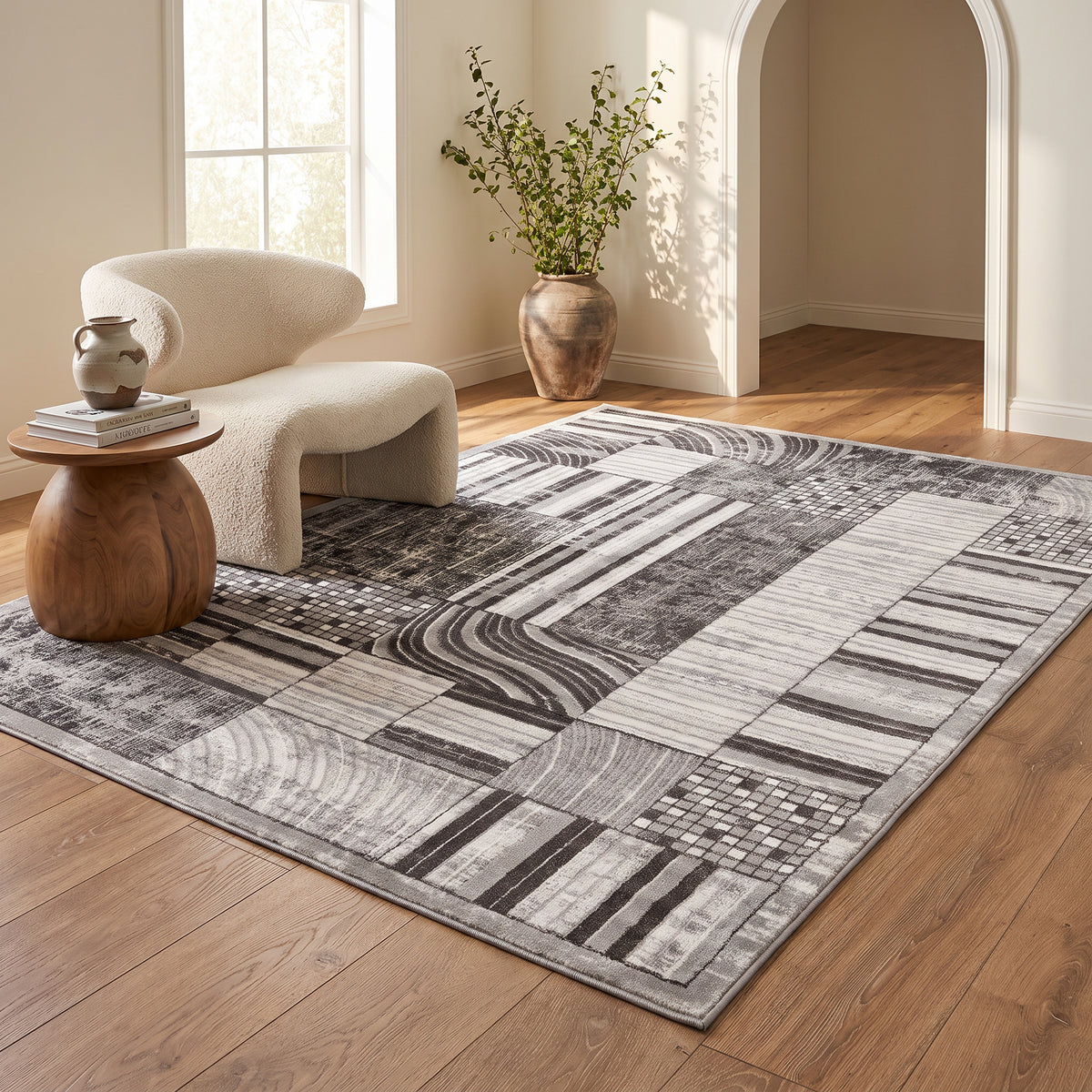 Alfombra de interior Kasuri abstracta patchwork contemporánea beige y crema