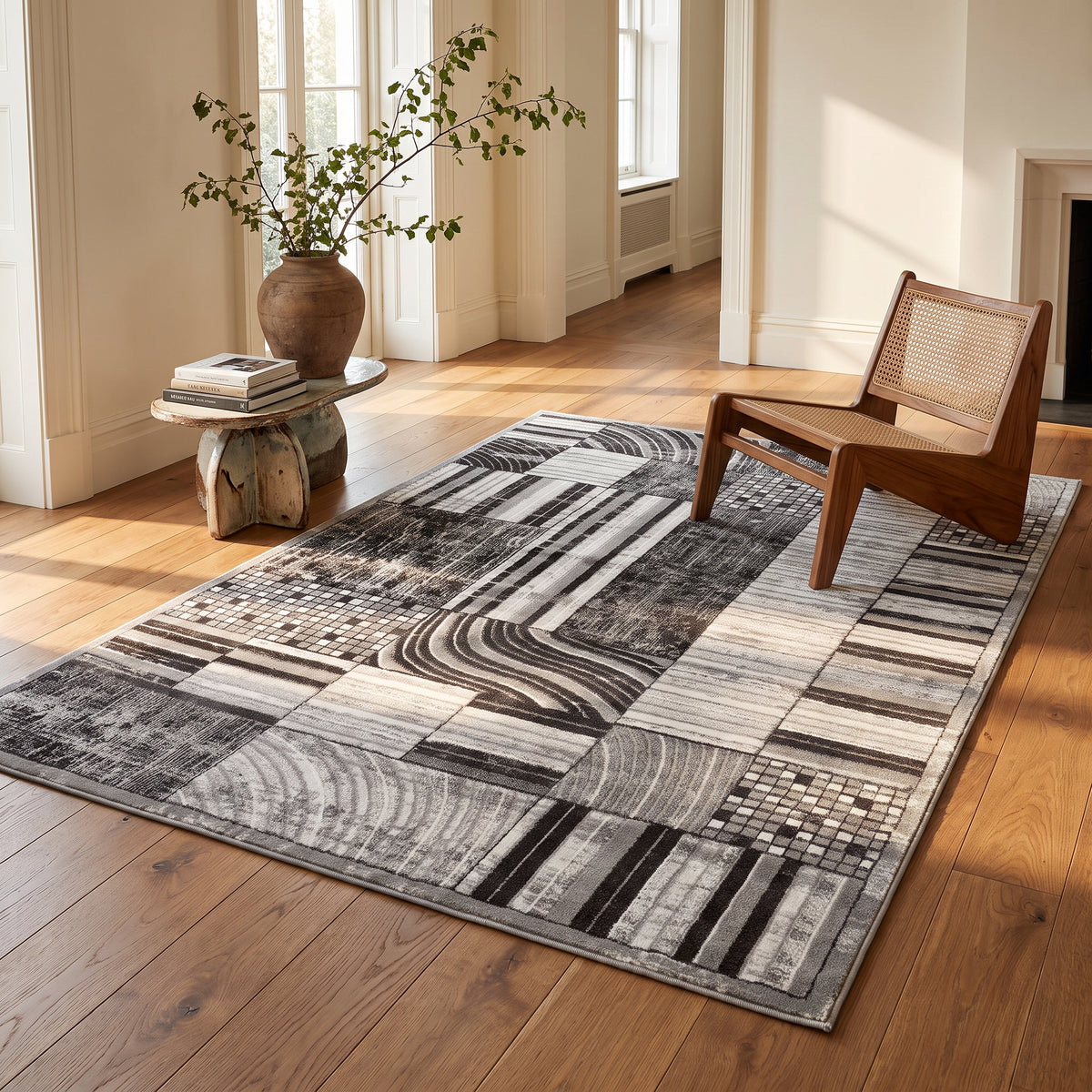 Alfombra de interior Kasuri abstracta patchwork contemporánea beige y crema