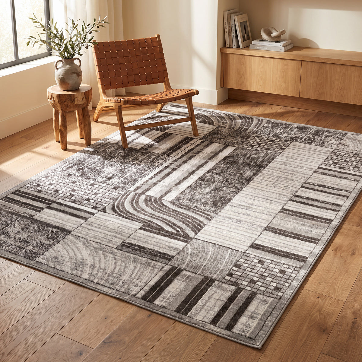 Alfombra de interior Kasuri abstracta patchwork contemporánea beige y crema