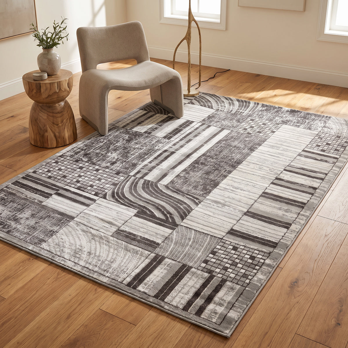 Alfombra de interior Kasuri abstracta patchwork contemporánea beige y crema