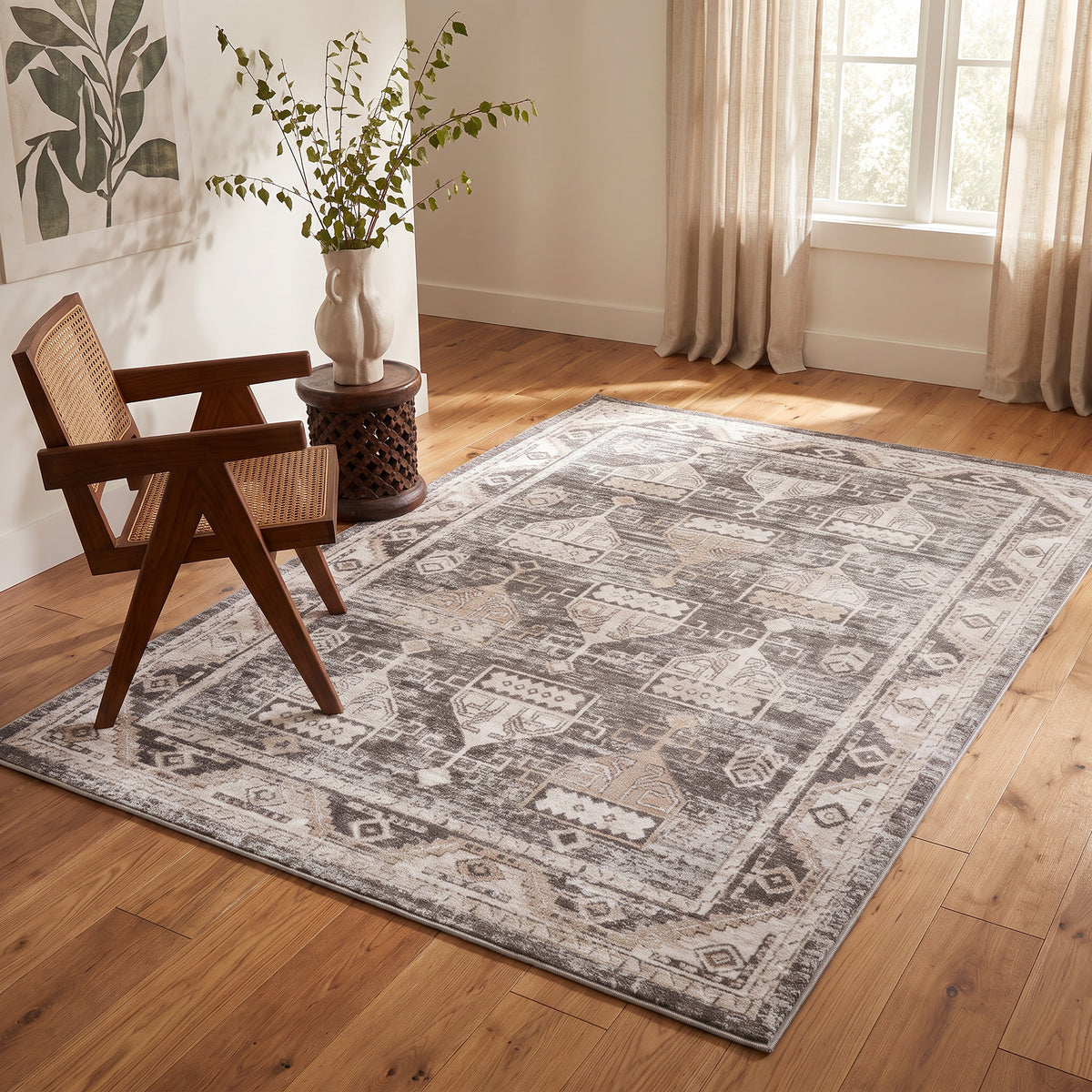 Karsin Oriental Traditional Grey and Beige Indoor Rug