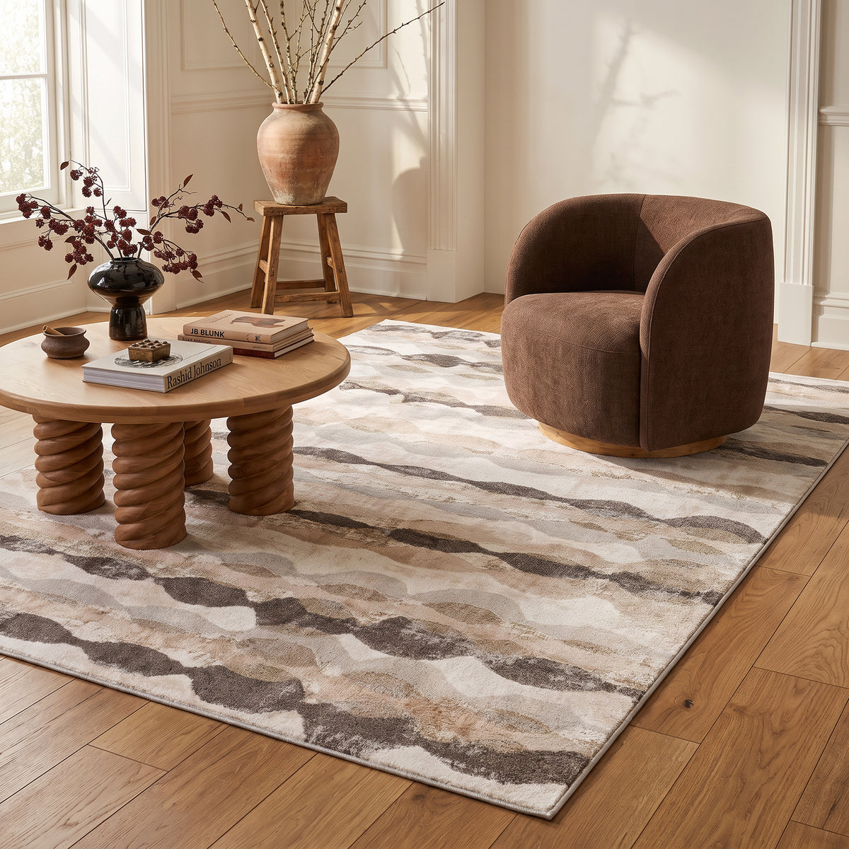 Hamon Abstract Wave Contemporary Grey and Beige Indoor Rug
