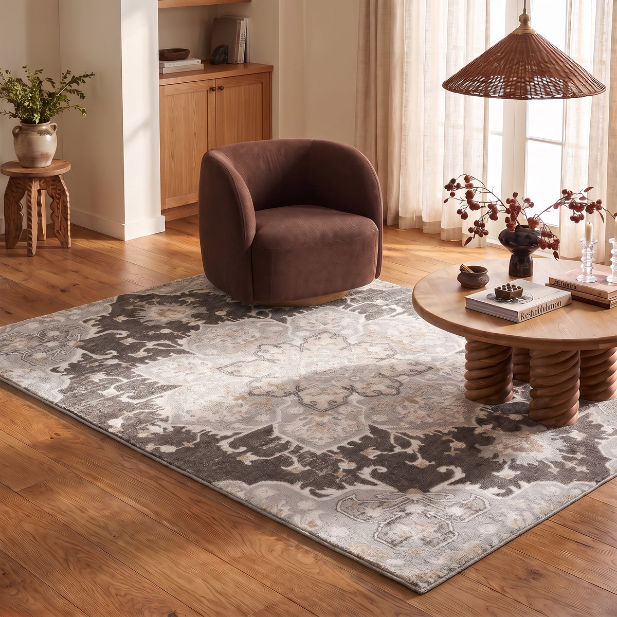 Tala Distressed Floral Contemporary Brown and Grey Indoor Rug