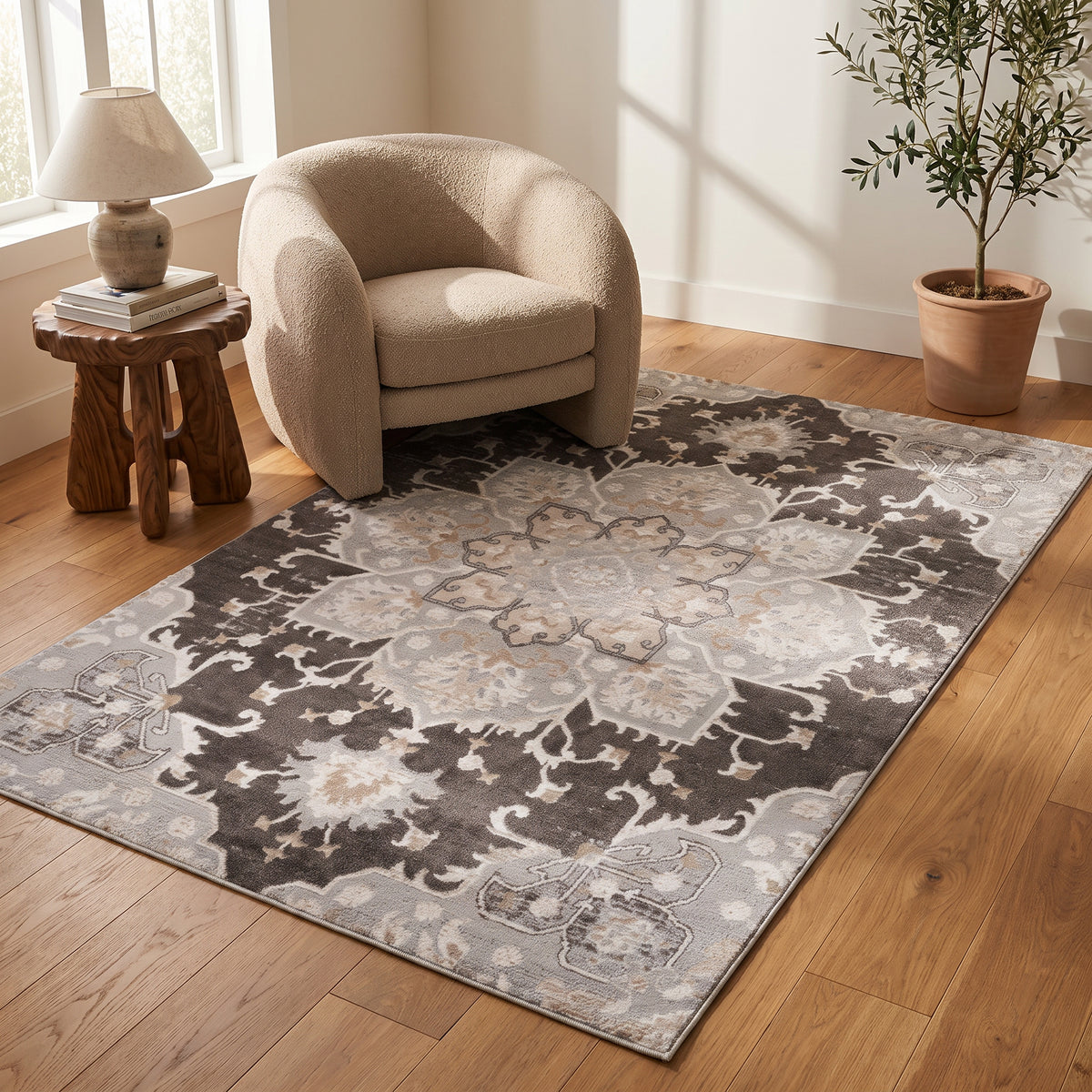 Tala Distressed Floral Contemporary Brown and Grey Indoor Rug