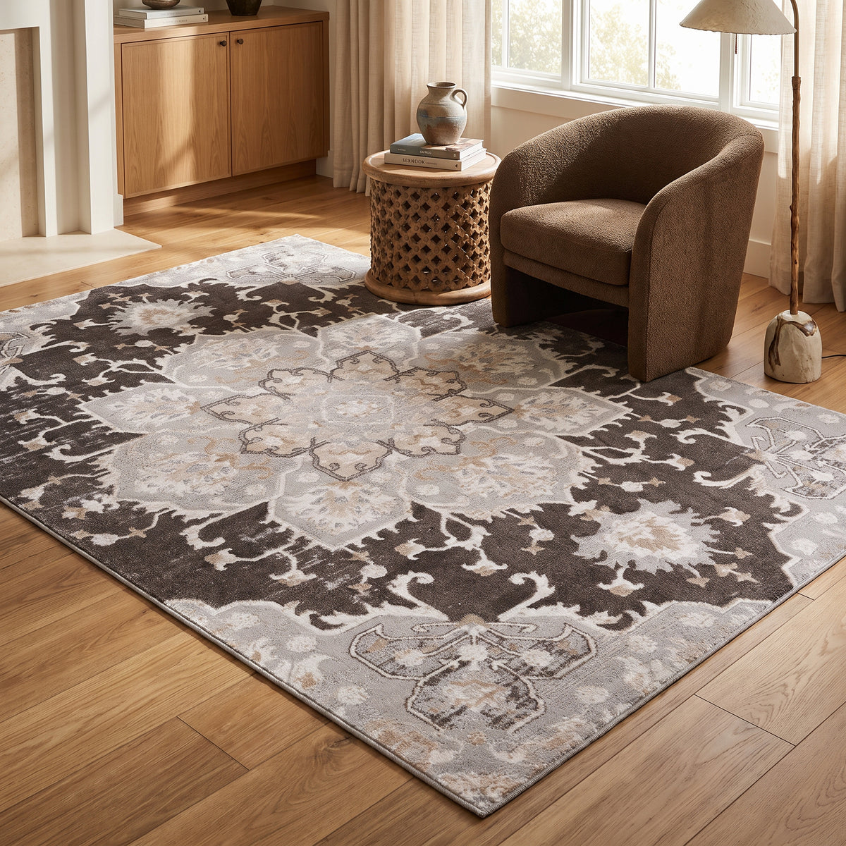 Tala Distressed Floral Contemporary Brown and Grey Indoor Rug