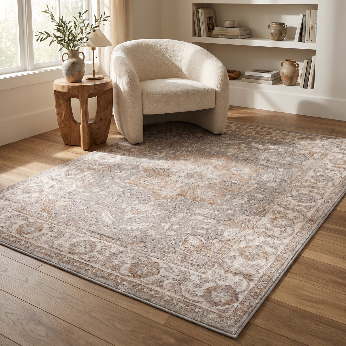 Tapis Ruba floral à médaillon traditionnel beige et gris