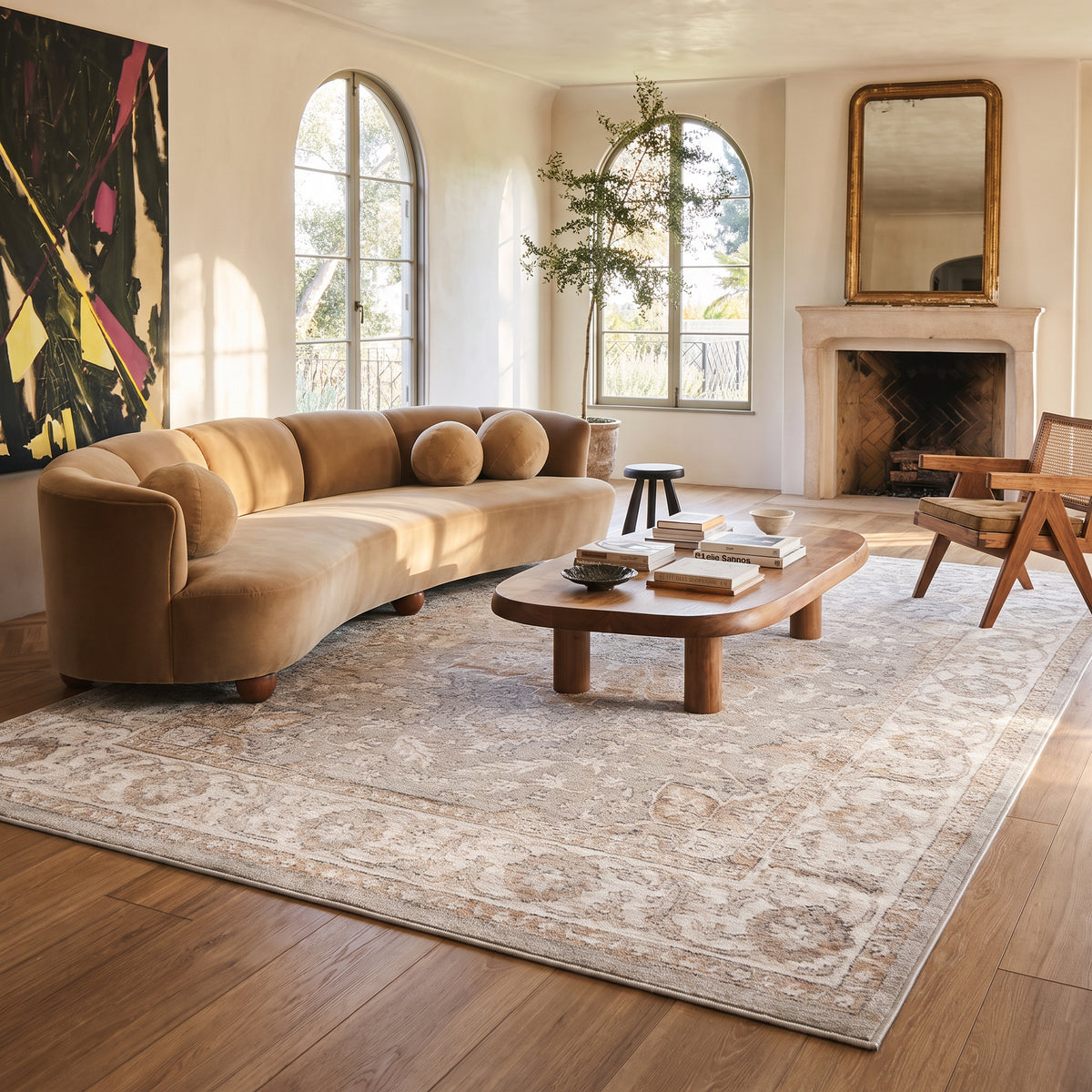 Tapis Ruba floral à médaillon traditionnel beige et gris