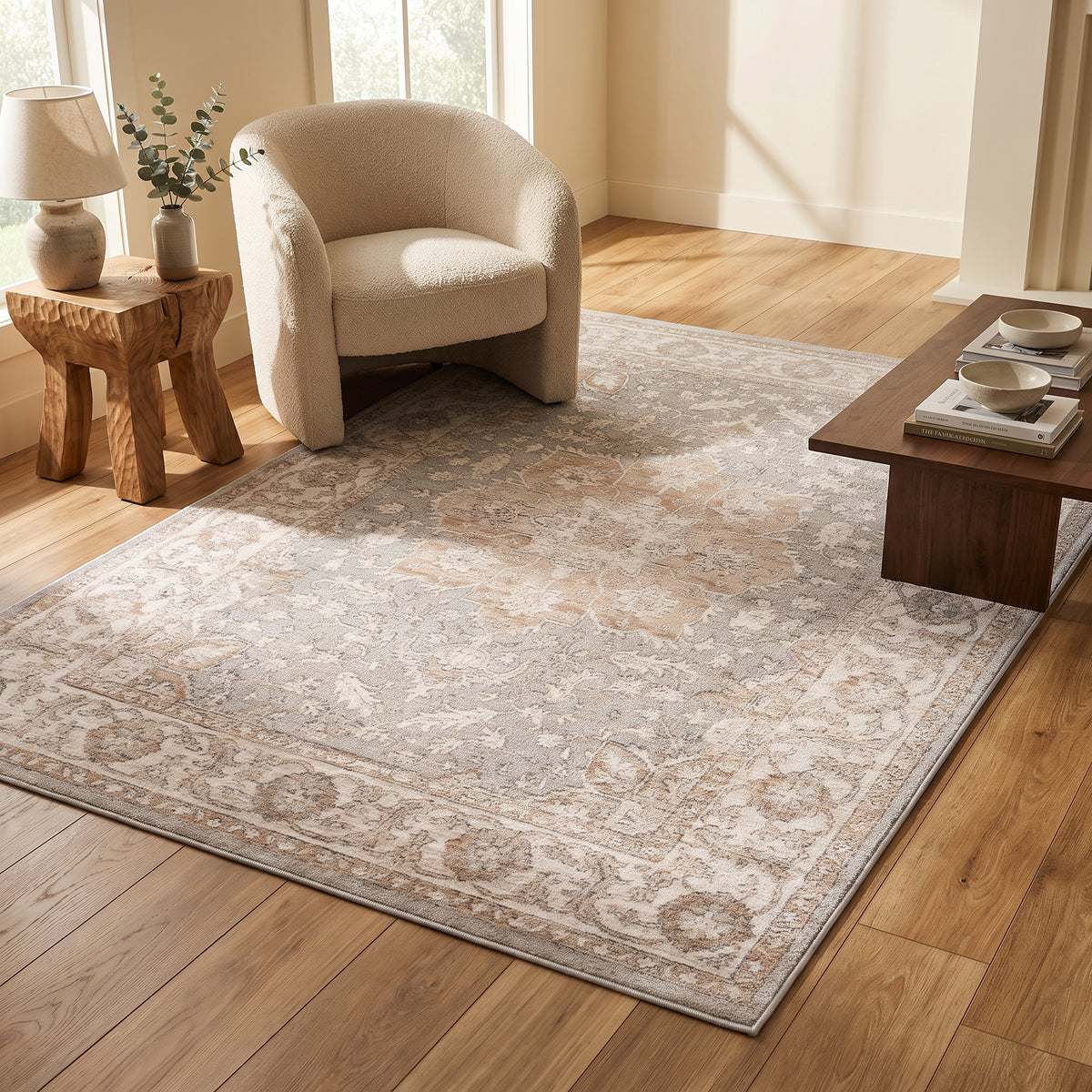 Tapis Ruba floral à médaillon traditionnel beige et gris
