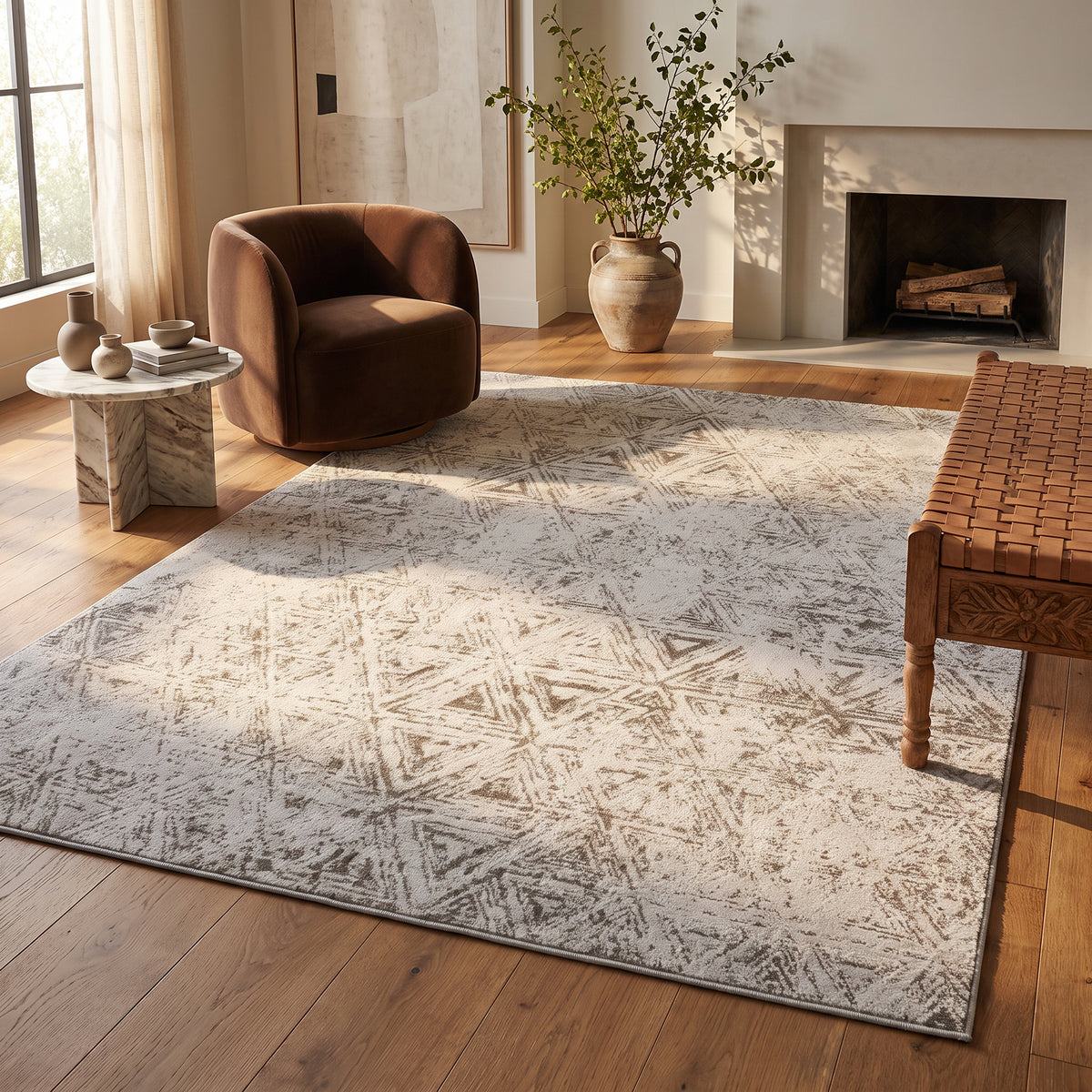 Alfombra de interior contemporánea geométrica Noema beige y crema