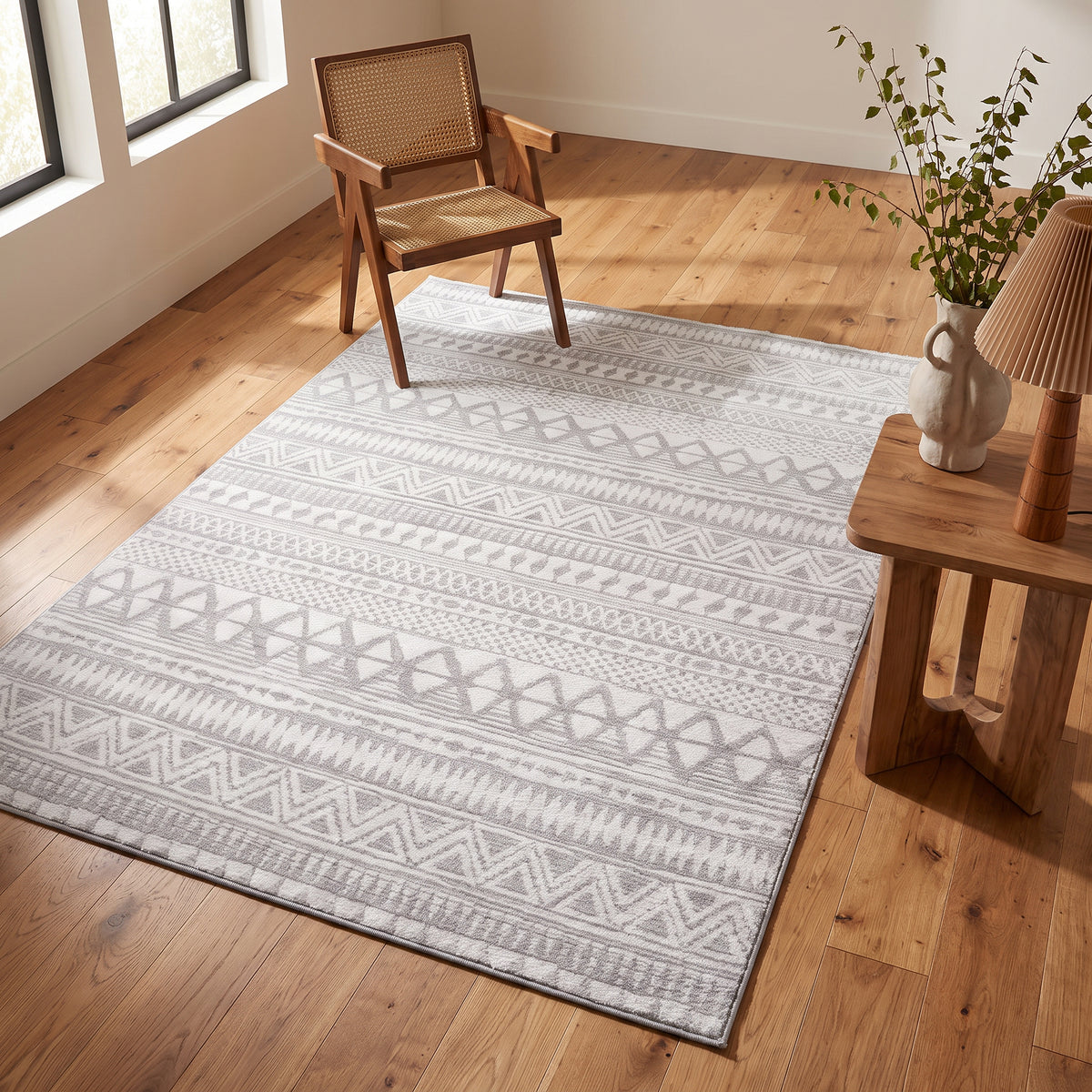 Alfombra Sirocco geométrica contemporánea gris y crema para interiores