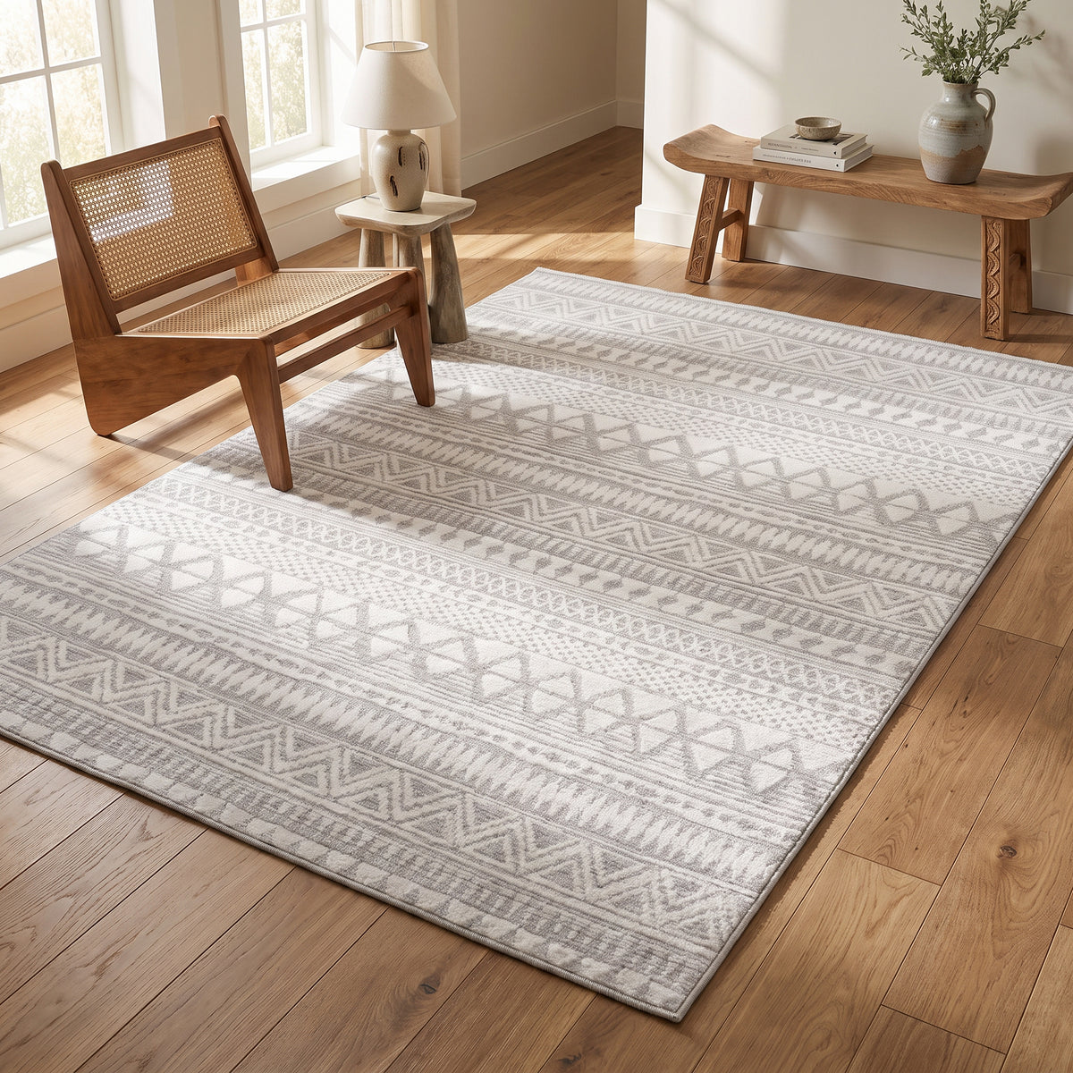 Alfombra Sirocco geométrica contemporánea gris y crema para interiores