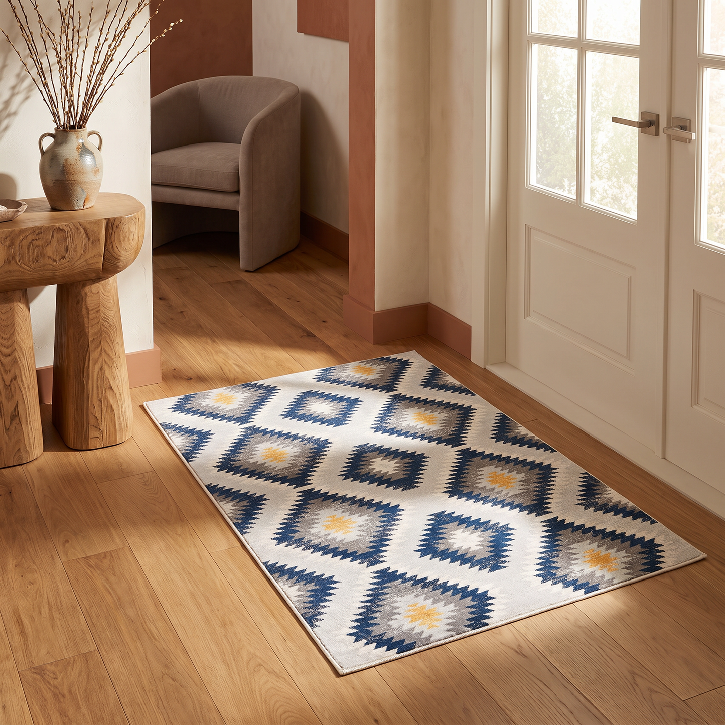 Tapis bleu contemporain Savannah Boho