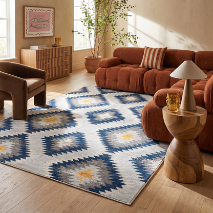 Tapis bleu contemporain Savannah Boho