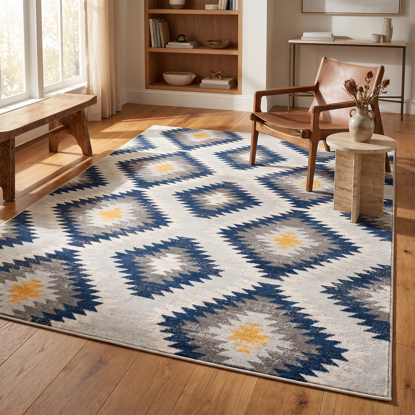 Tapis bleu contemporain Savannah Boho