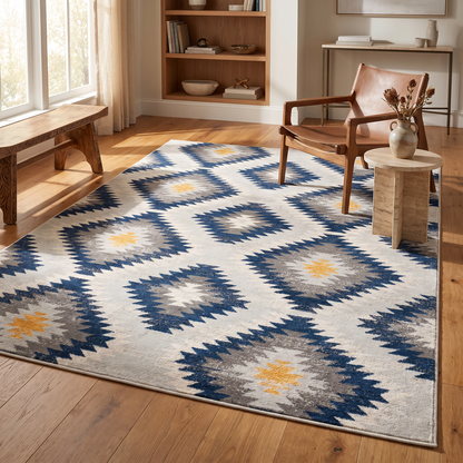 Tapis bleu contemporain Savannah Boho