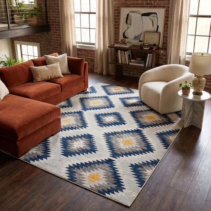 Tapis bleu contemporain Savannah Boho