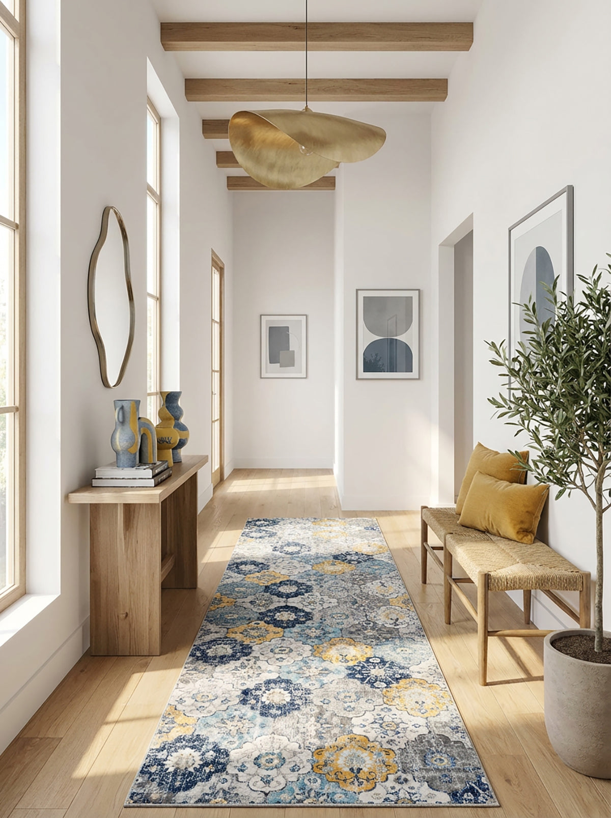 Tapis bleu contemporain moderne du milieu du siècle Savannah