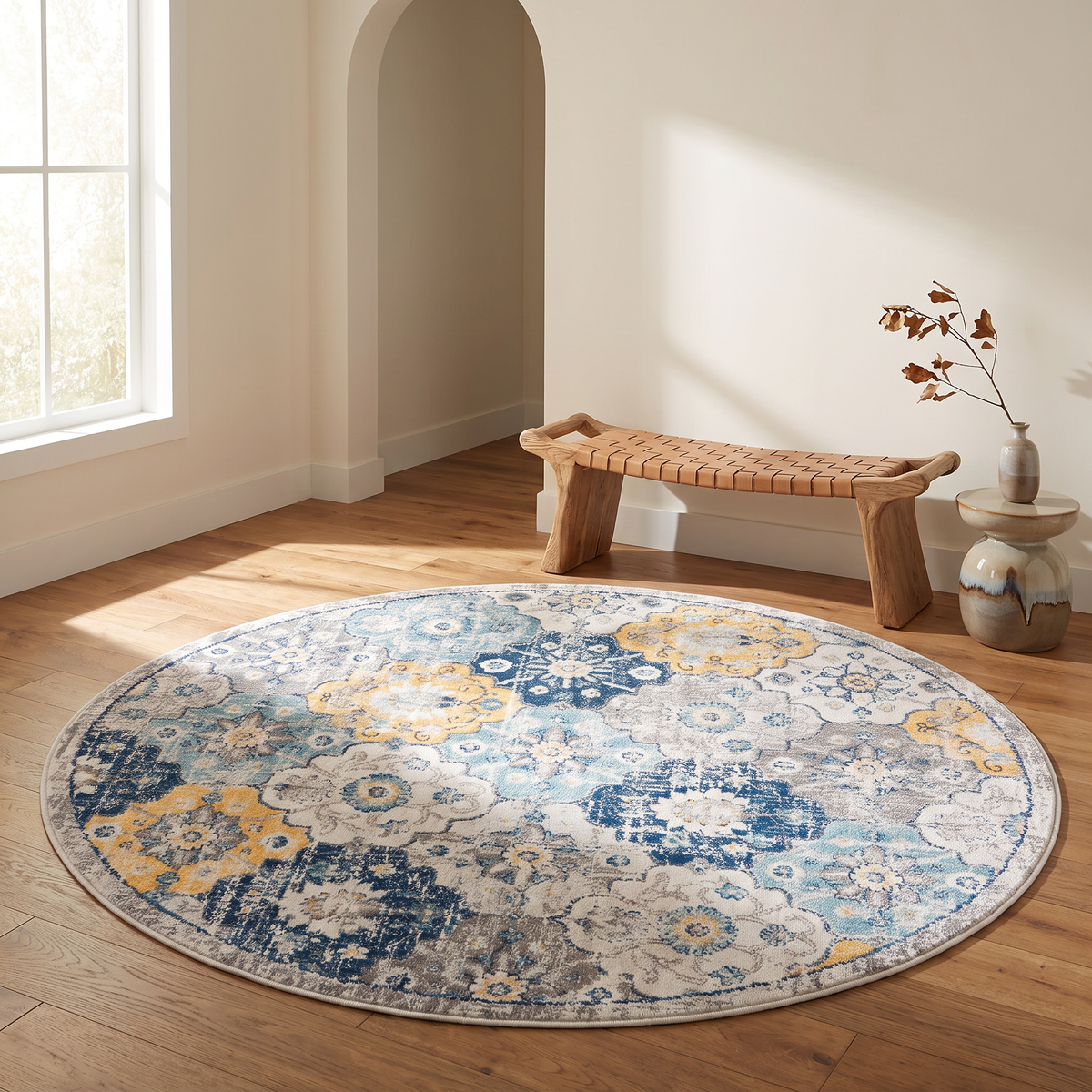 Valencia Vintage Floral Contemporary Blue and Grey Indoor Rug