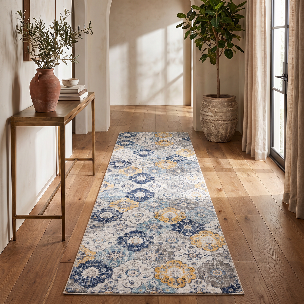 Valencia Vintage Floral Contemporary Blue and Grey Indoor Rug