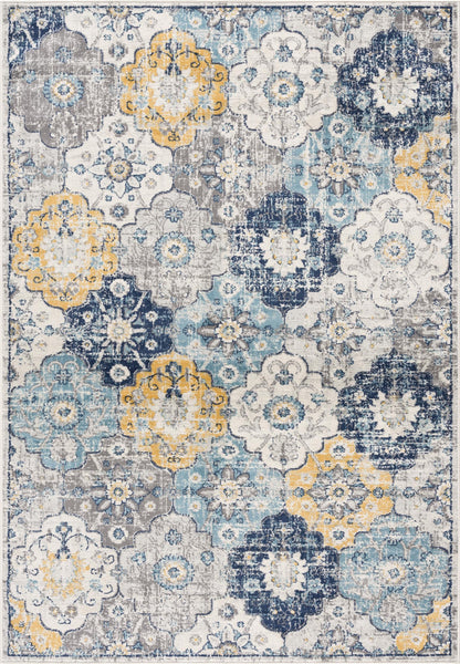 Valencia Vintage Floral Contemporary Blue and Grey Indoor Rug