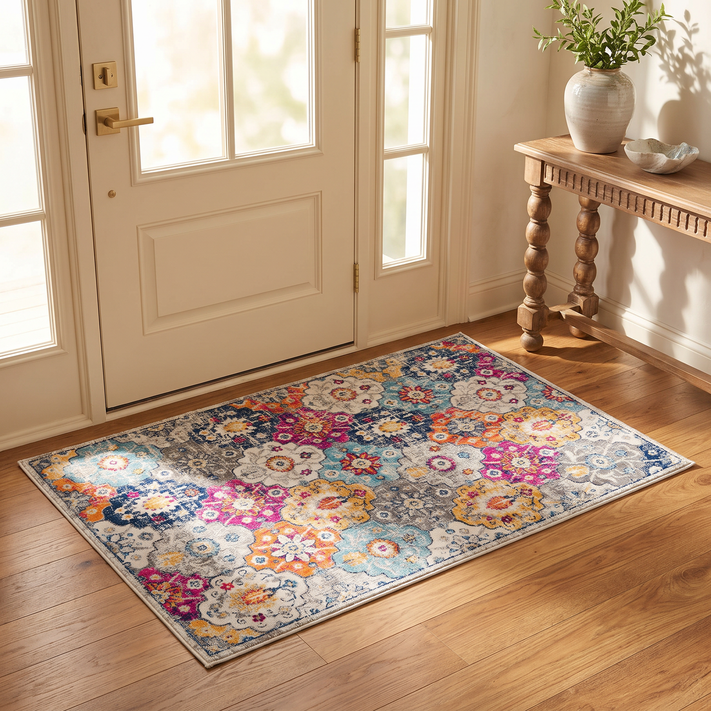 Valencia Vintage Floral Contemporary Pink and Blue Indoor Rug