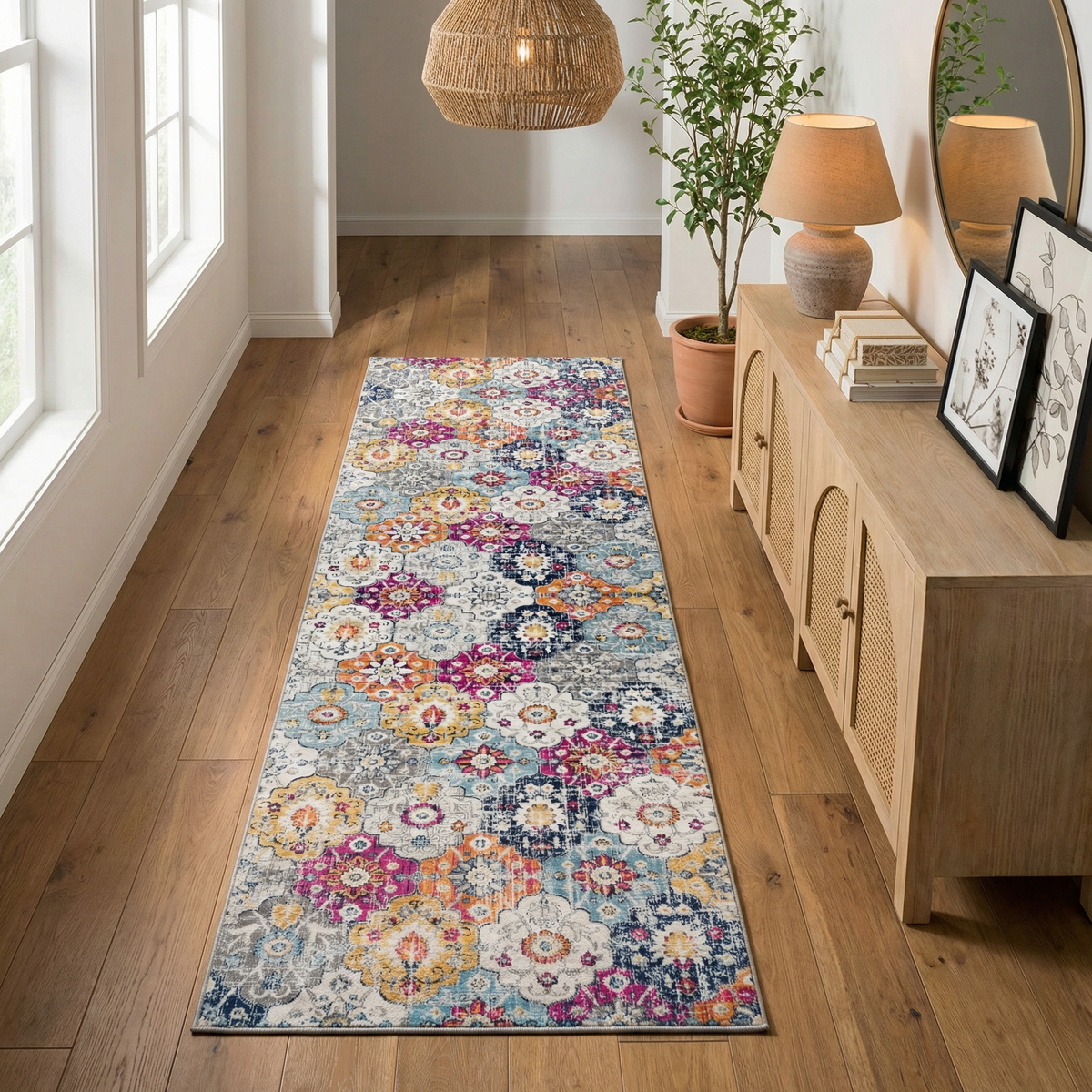 Valencia Vintage Floral Contemporary Pink and Blue Indoor Rug
