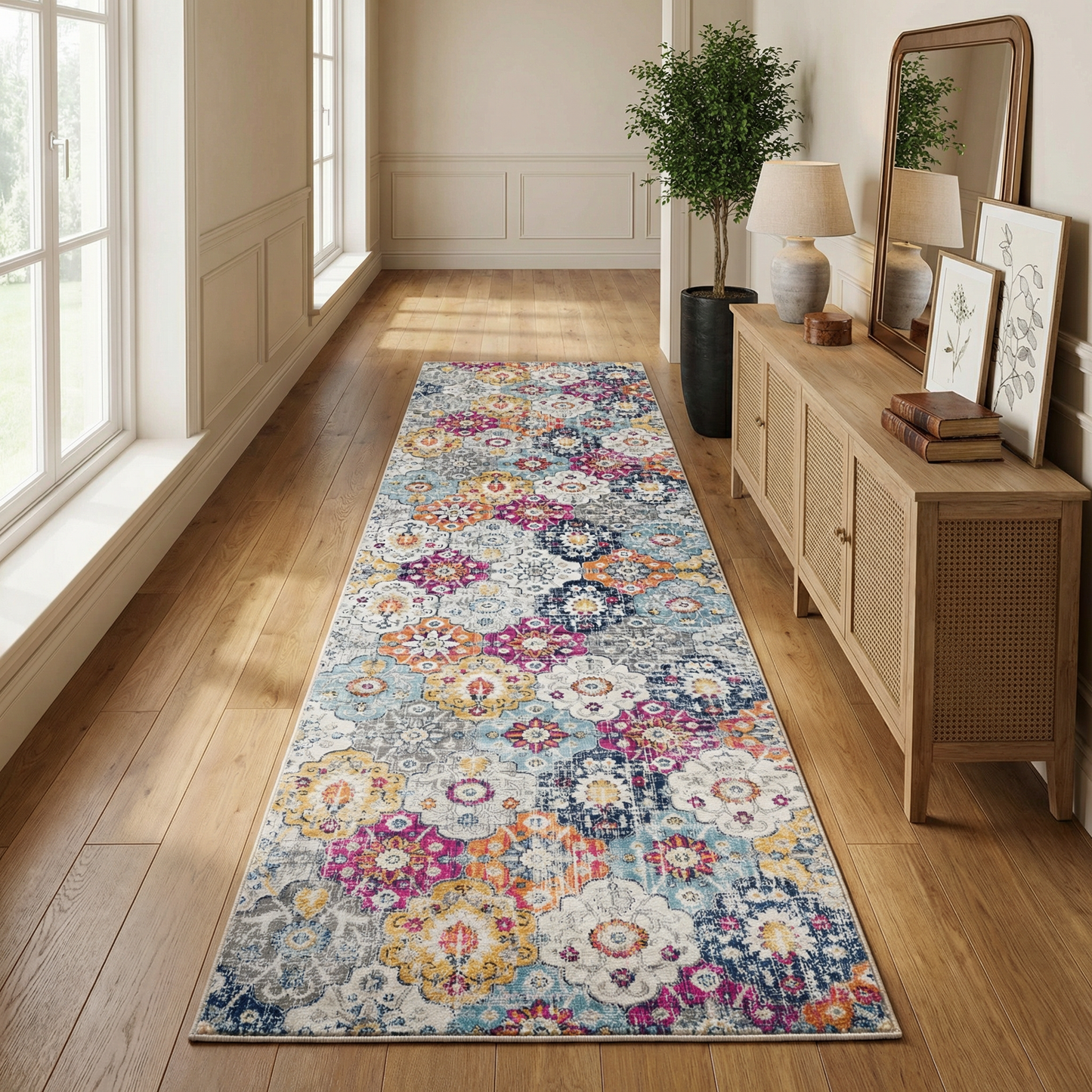 Valencia Vintage Floral Contemporary Pink and Blue Indoor Rug-15