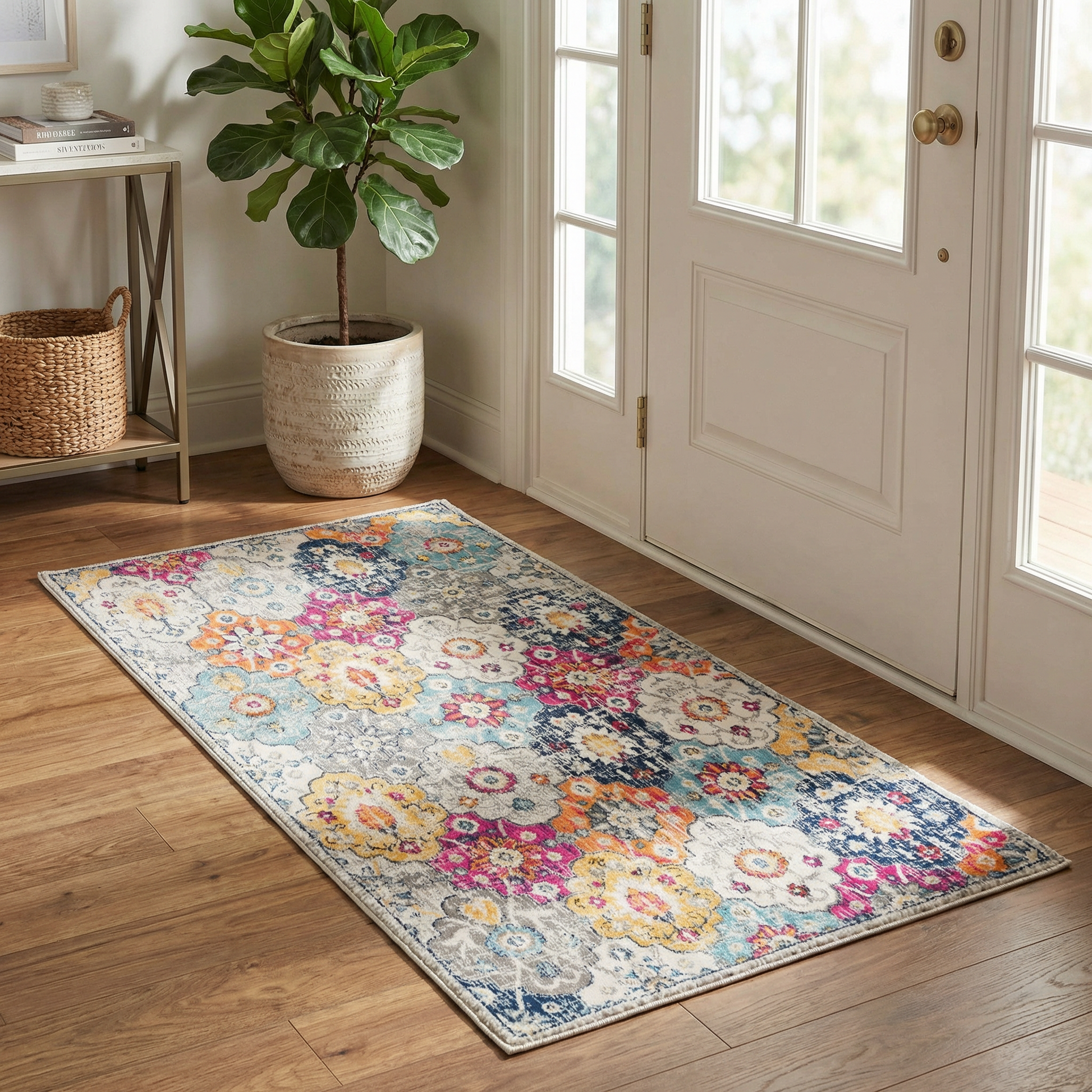 Valencia Vintage Floral Contemporary Pink and Blue Indoor Rug-21