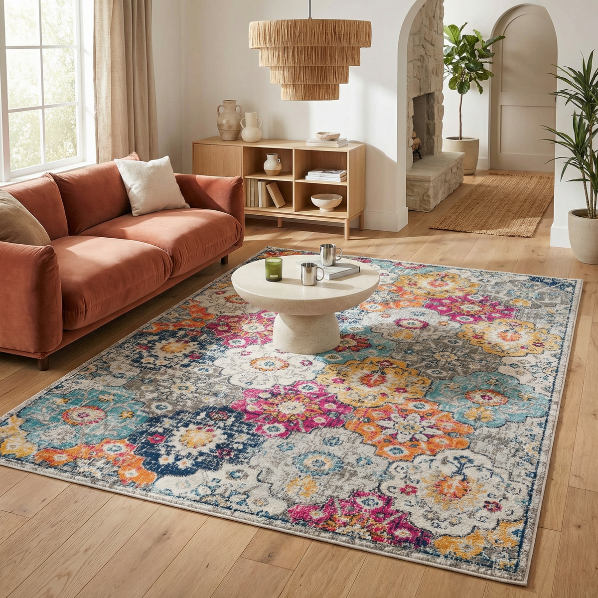 Valencia Vintage Floral Contemporary Pink and Blue Indoor Rug