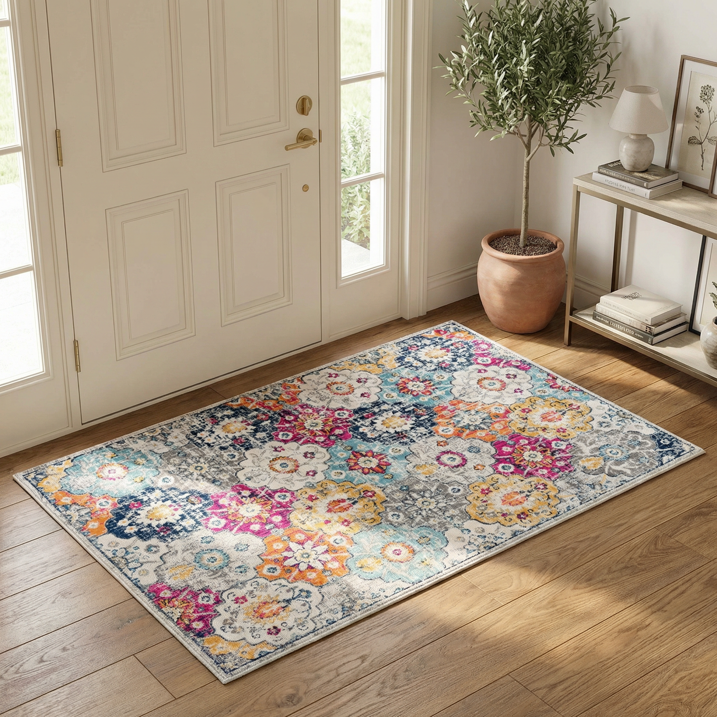 Valencia Vintage Floral Contemporary Pink and Blue Indoor Rug-19