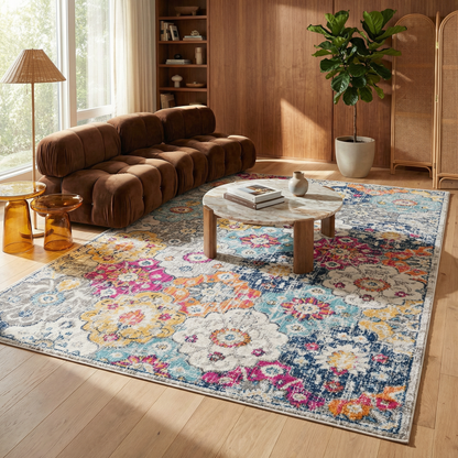 Valencia Vintage Floral Contemporary Pink and Blue Indoor Rug