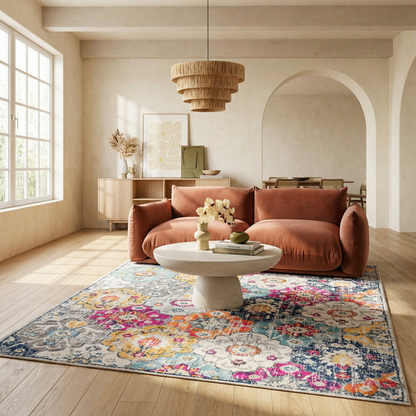Valencia Vintage Floral Contemporary Pink and Blue Indoor Rug