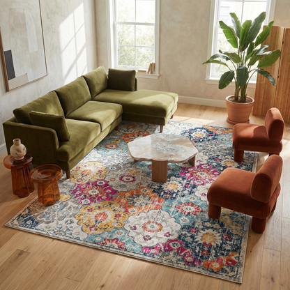 Valencia Vintage Floral Contemporary Pink and Blue Indoor Rug