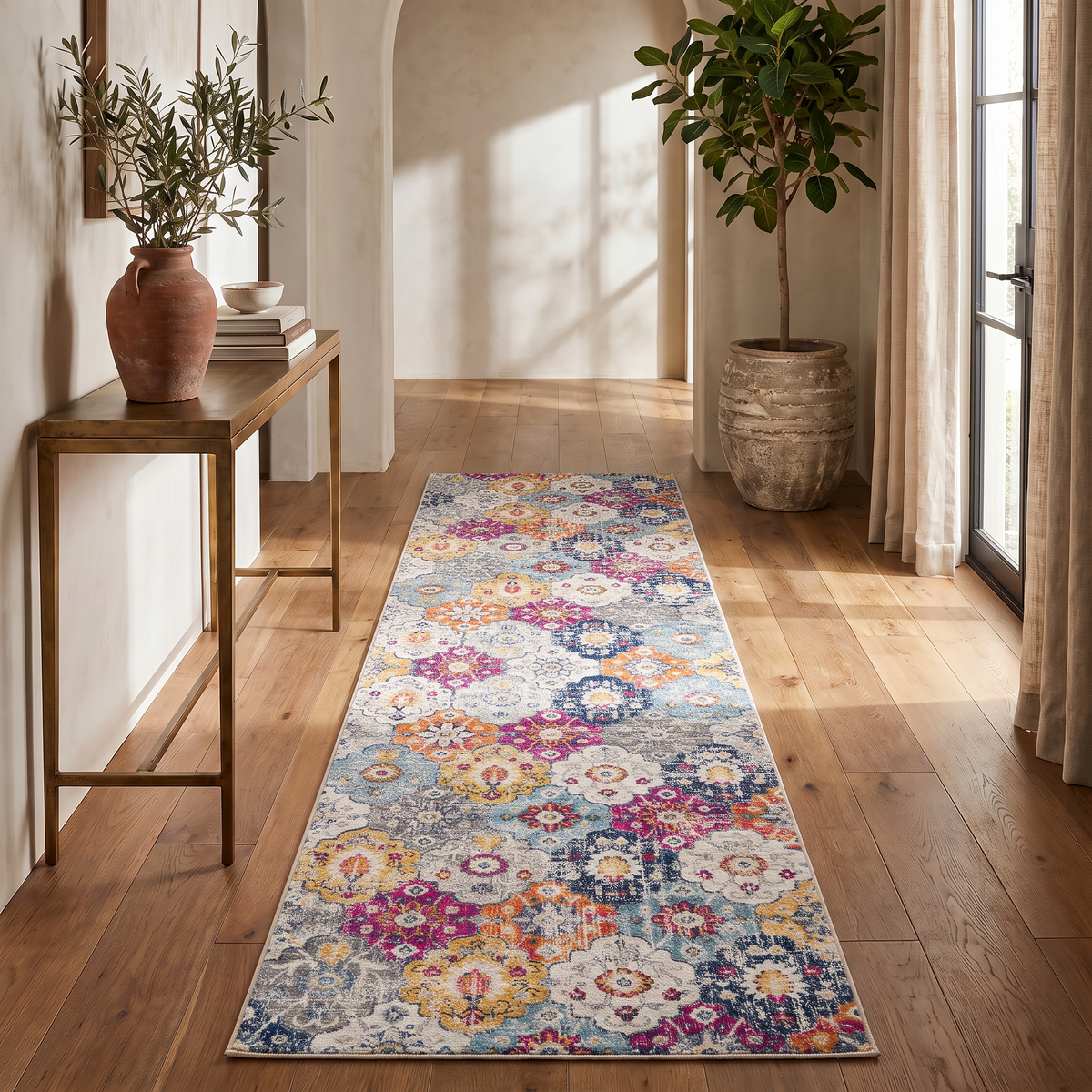 Valencia Vintage Floral Contemporary Pink and Blue Indoor Rug