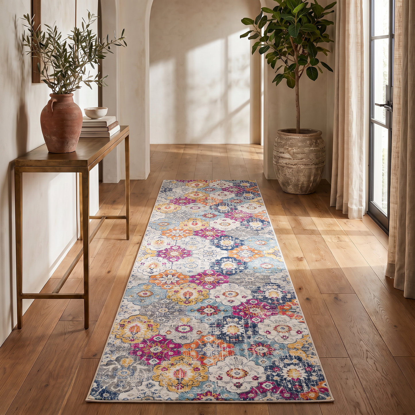 Valencia Vintage Floral Contemporary Pink and Blue Indoor Rug