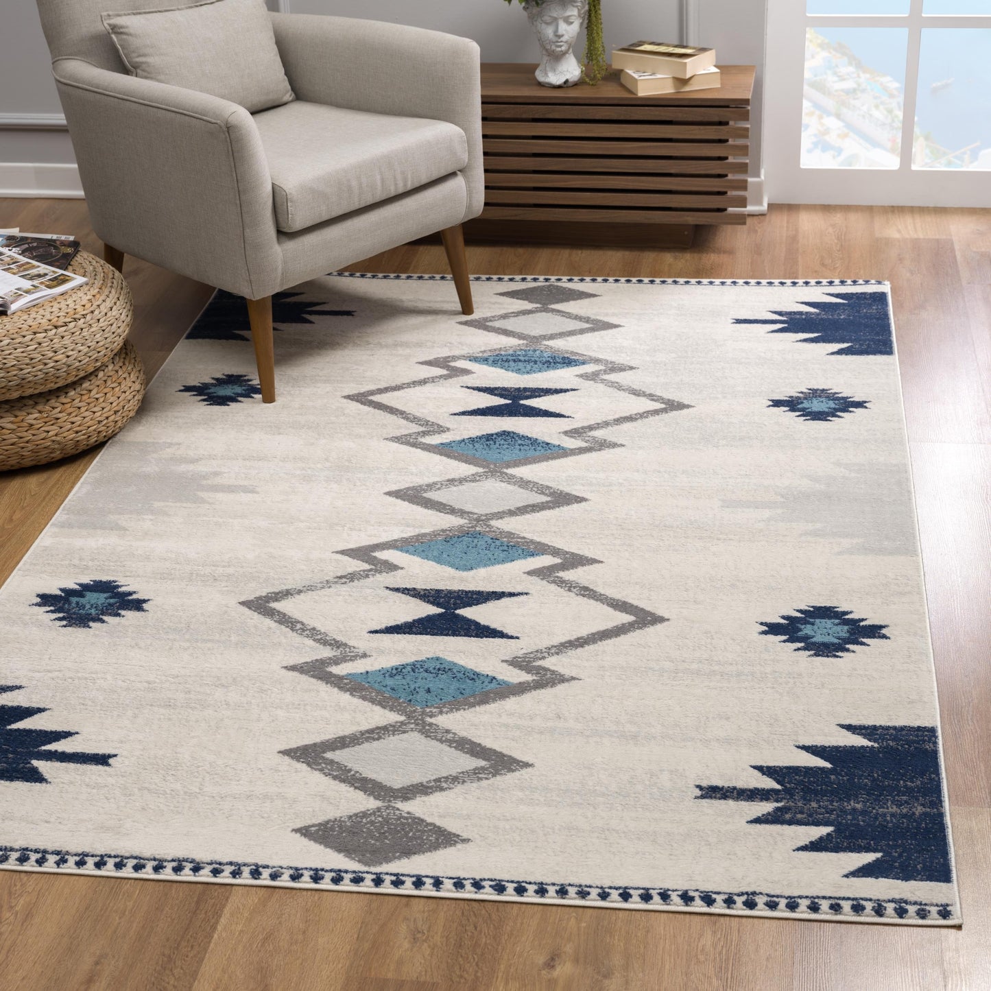 Mesa Southwestern Contemporary Blue and Beige Indoor Rug