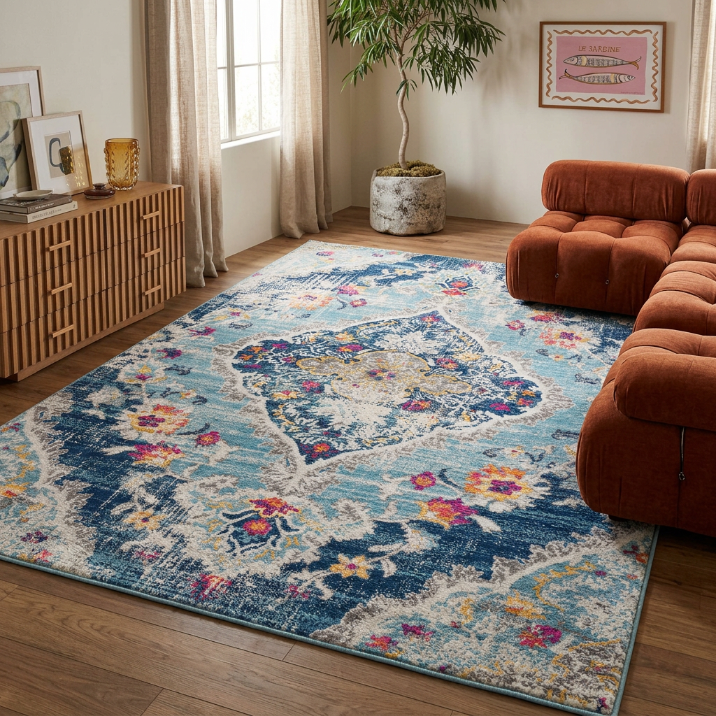 Anara Floral Traditional Blue Indoor Rug
