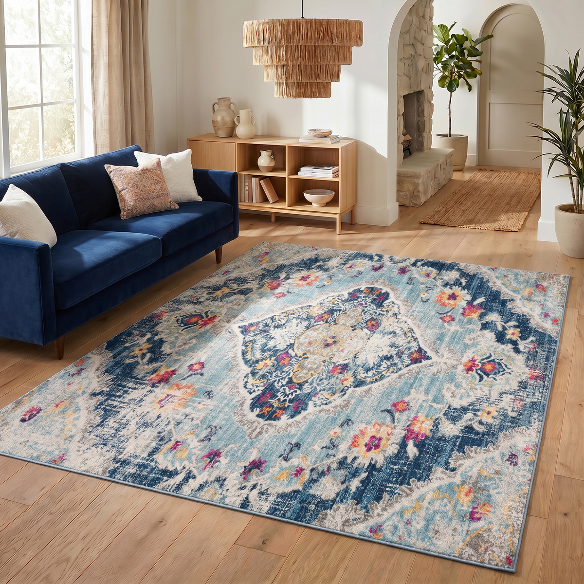 Anara Floral Traditional Blue Indoor Rug