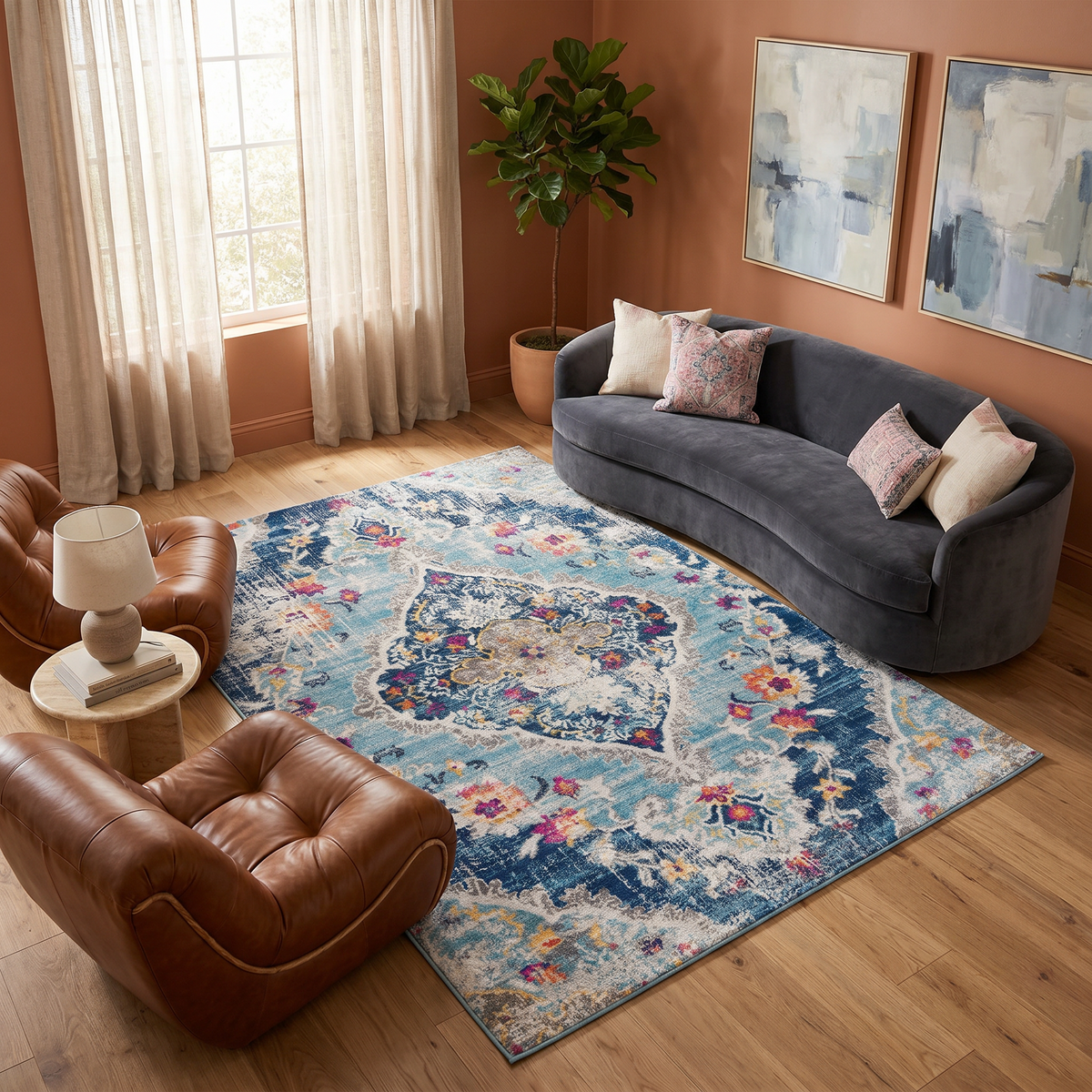 Anara Floral Traditional Blue Indoor Rug