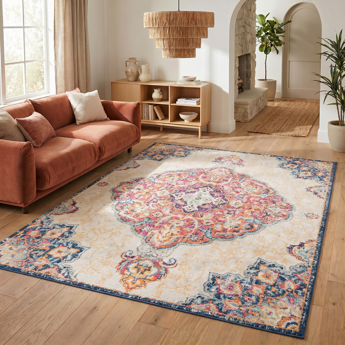Floria Floral Medallion Traditional Pink and Cream Indoor Rug