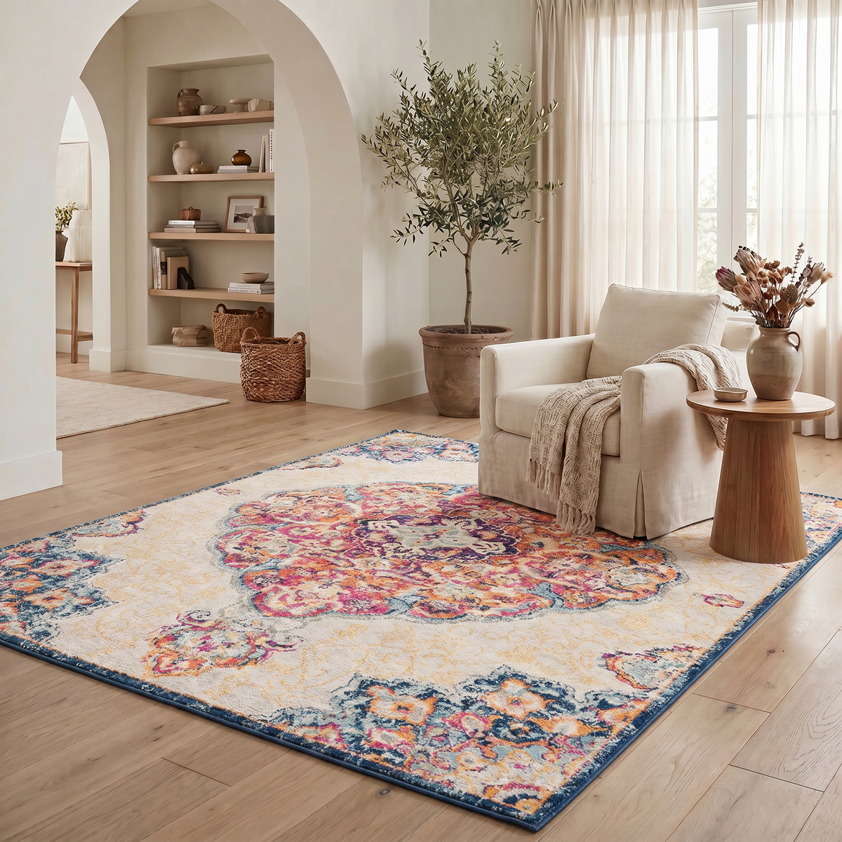 Floria Floral Medallion Traditional Pink and Cream Indoor Rug