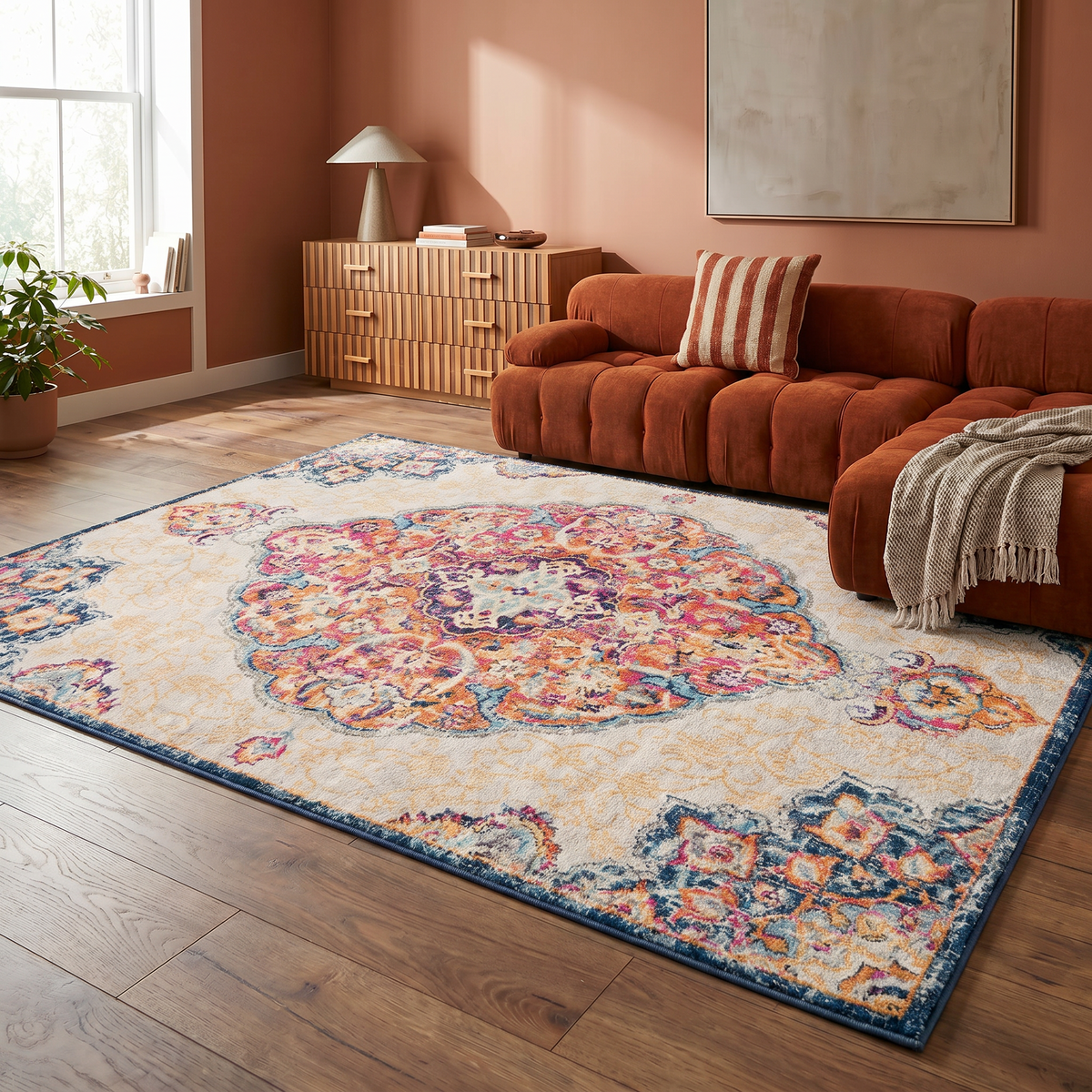 Floria Floral Medallion Traditional Pink and Cream Indoor Rug