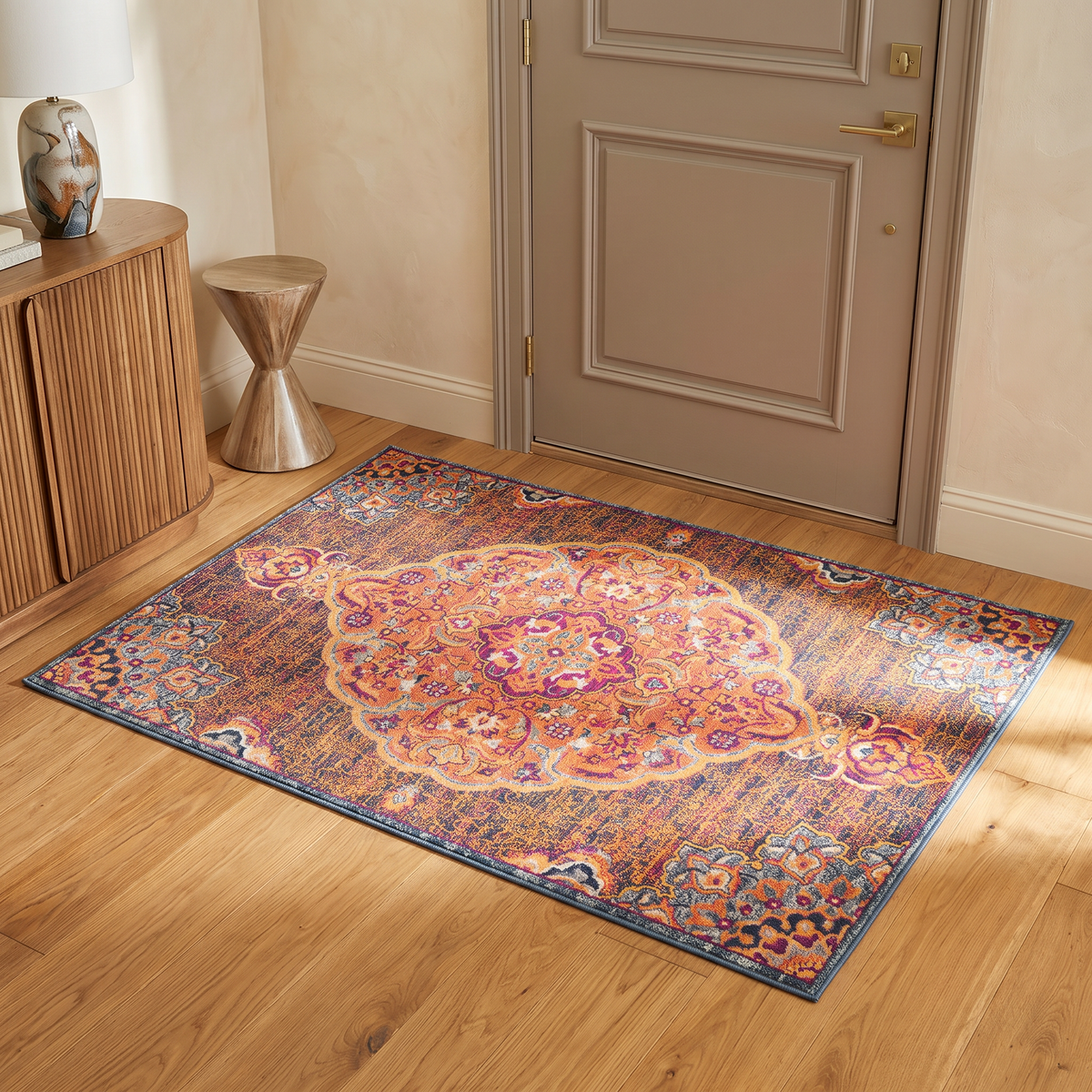 Floria Floral Medallion Traditional Blue and Pink Indoor Rug