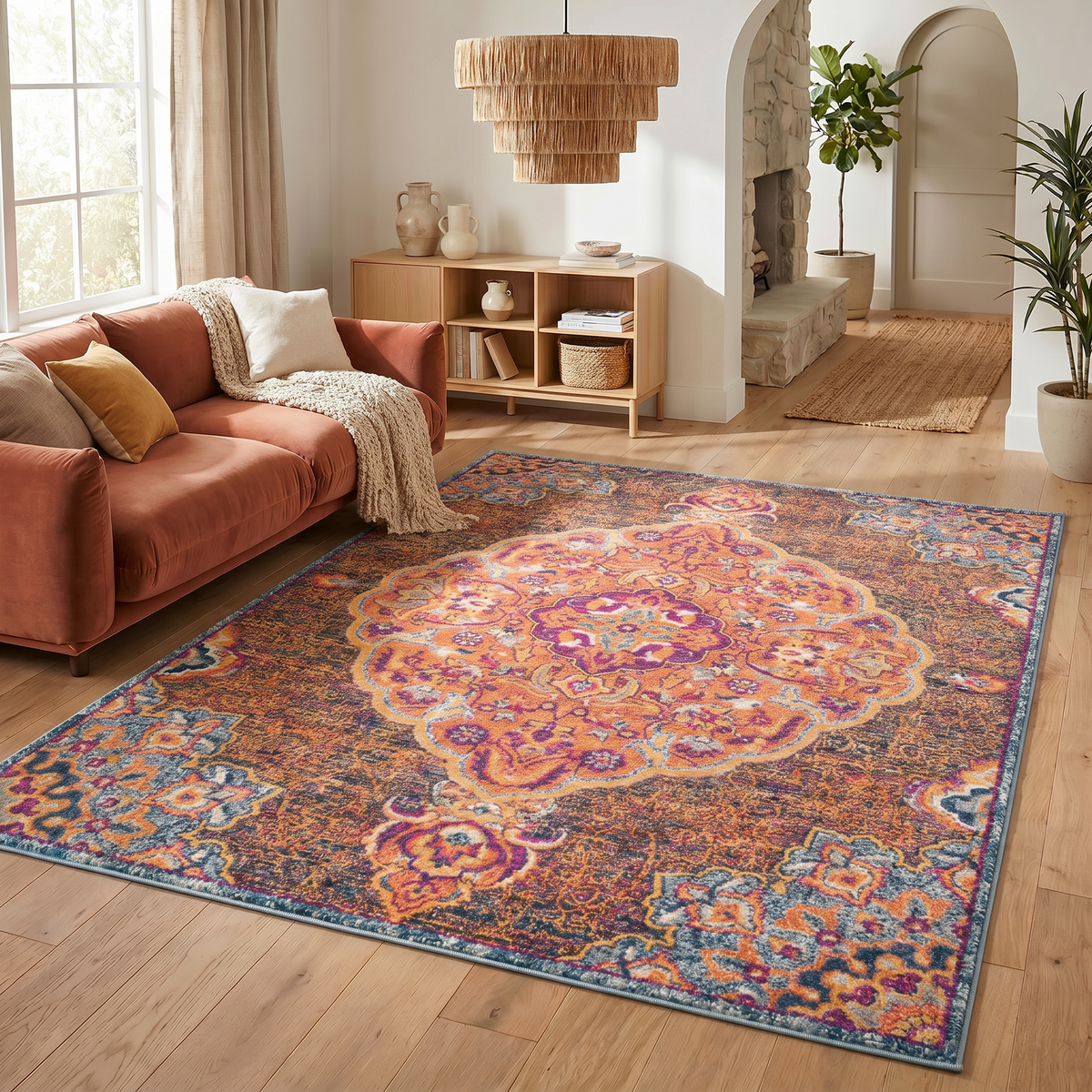 Floria Floral Medallion Traditional Blue and Pink Indoor Rug