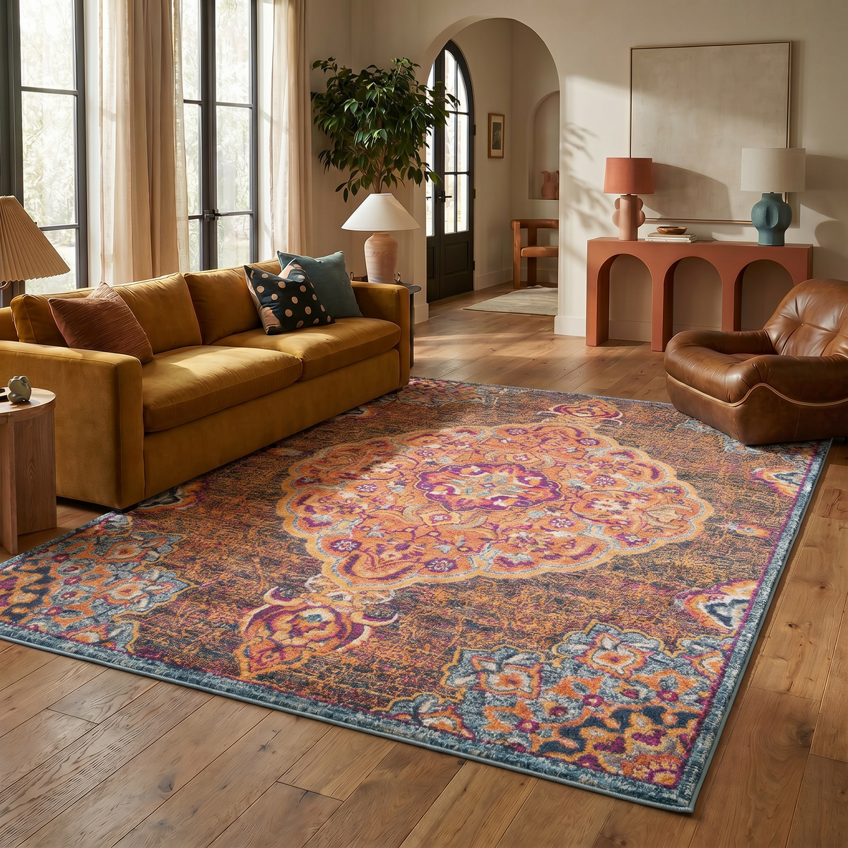 Floria Floral Medallion Traditional Blue and Pink Indoor Rug