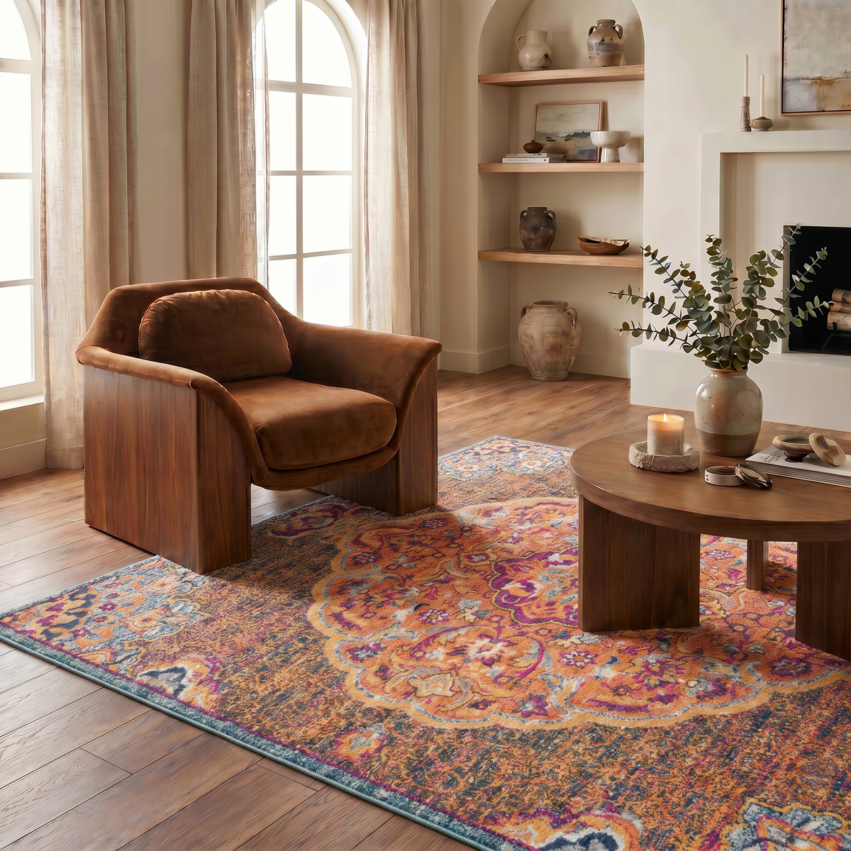 Floria Floral Medallion Traditional Blue and Pink Indoor Rug