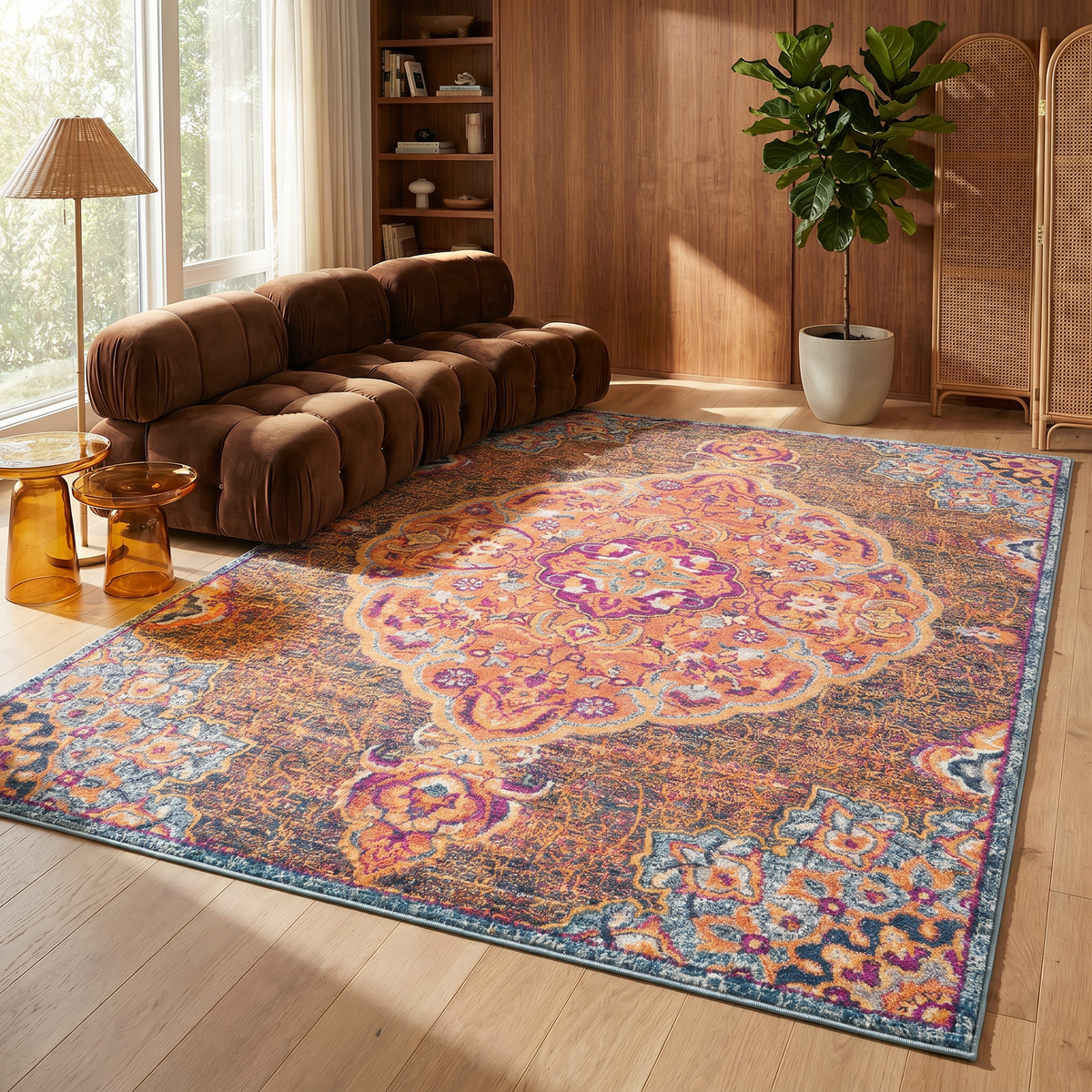 Floria Floral Medallion Traditional Blue and Pink Indoor Rug