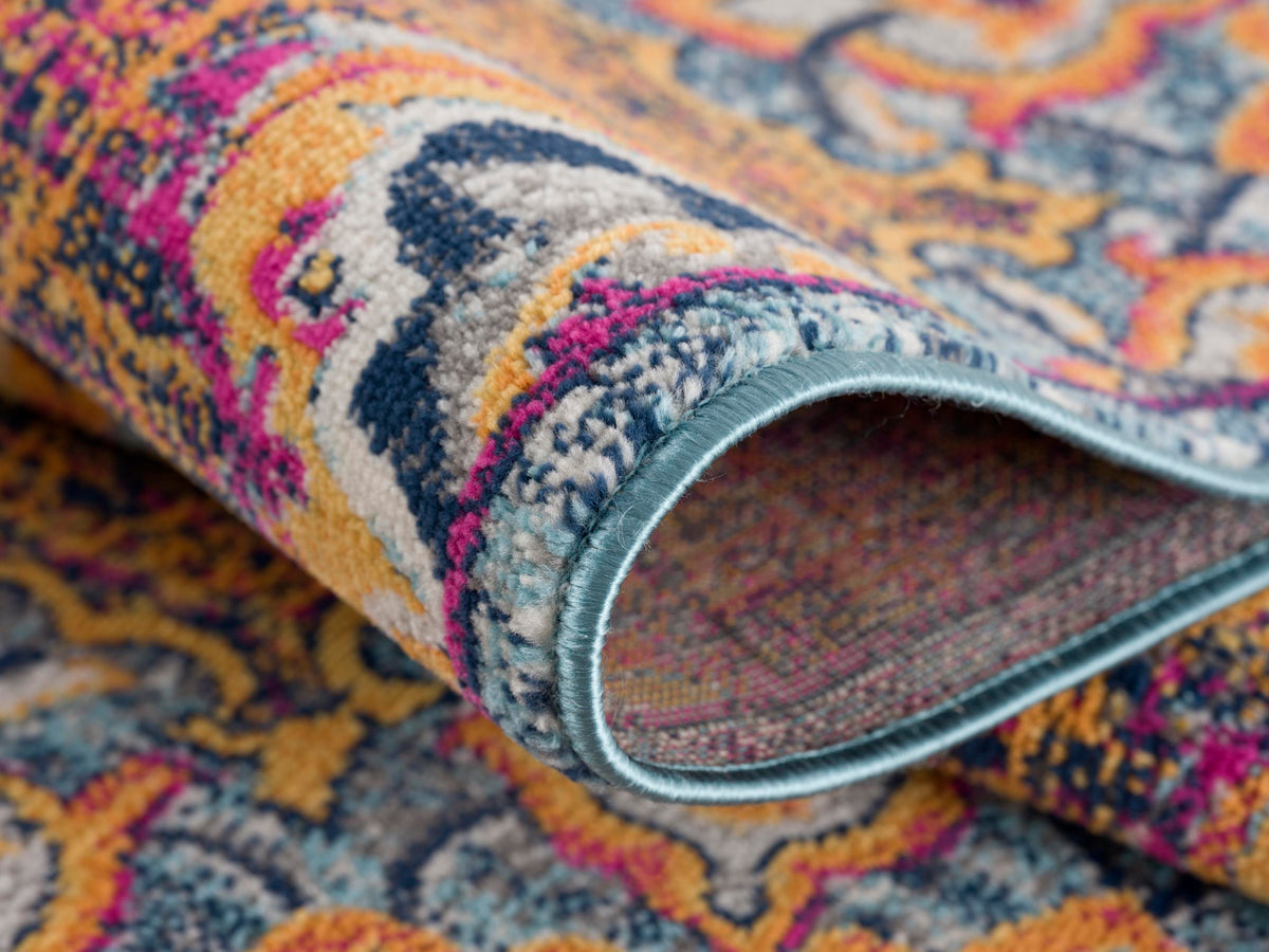 Floria Floral Medallion Traditional Blue and Pink Indoor Rug