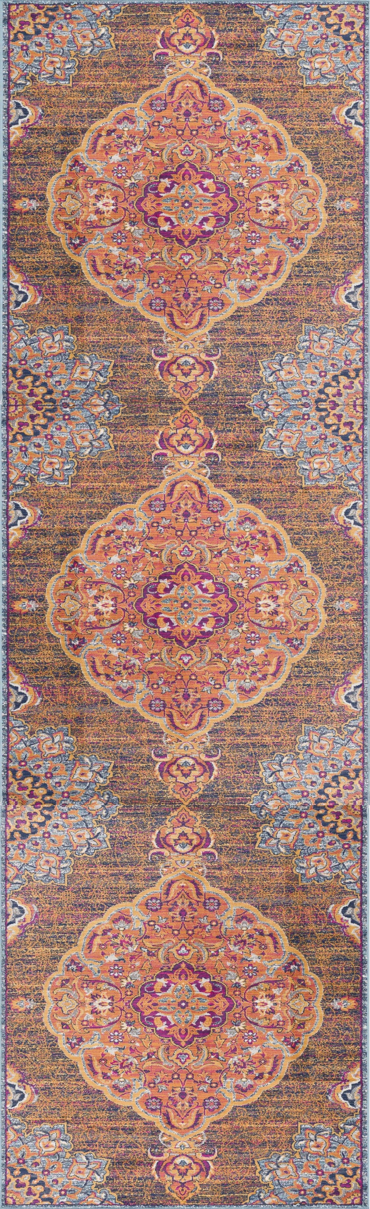 Floria Floral Medallion Traditional Blue and Pink Indoor Rug